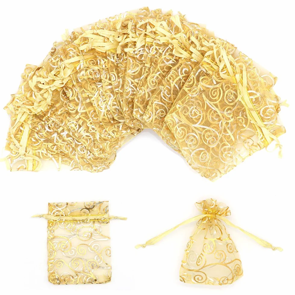 STARUBY Lot de 100 sachets en organza 8x10cm, sacs à cordon pour bijoux, imprimés rotin mariage Noël
