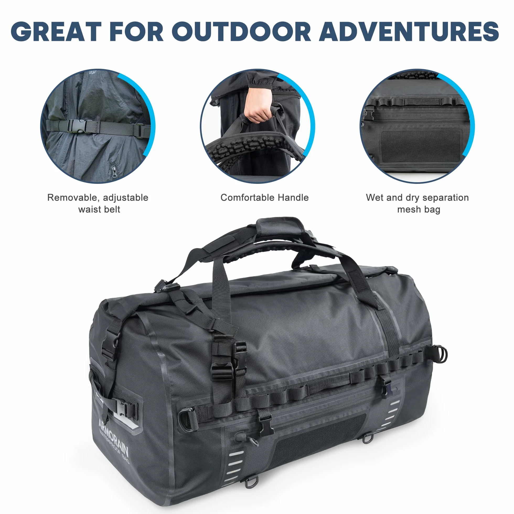 Sac étanche de Voyage Grande avec Bretelles et Poignées Gonflables pour Plongée Moto Aviron Kayak Camping