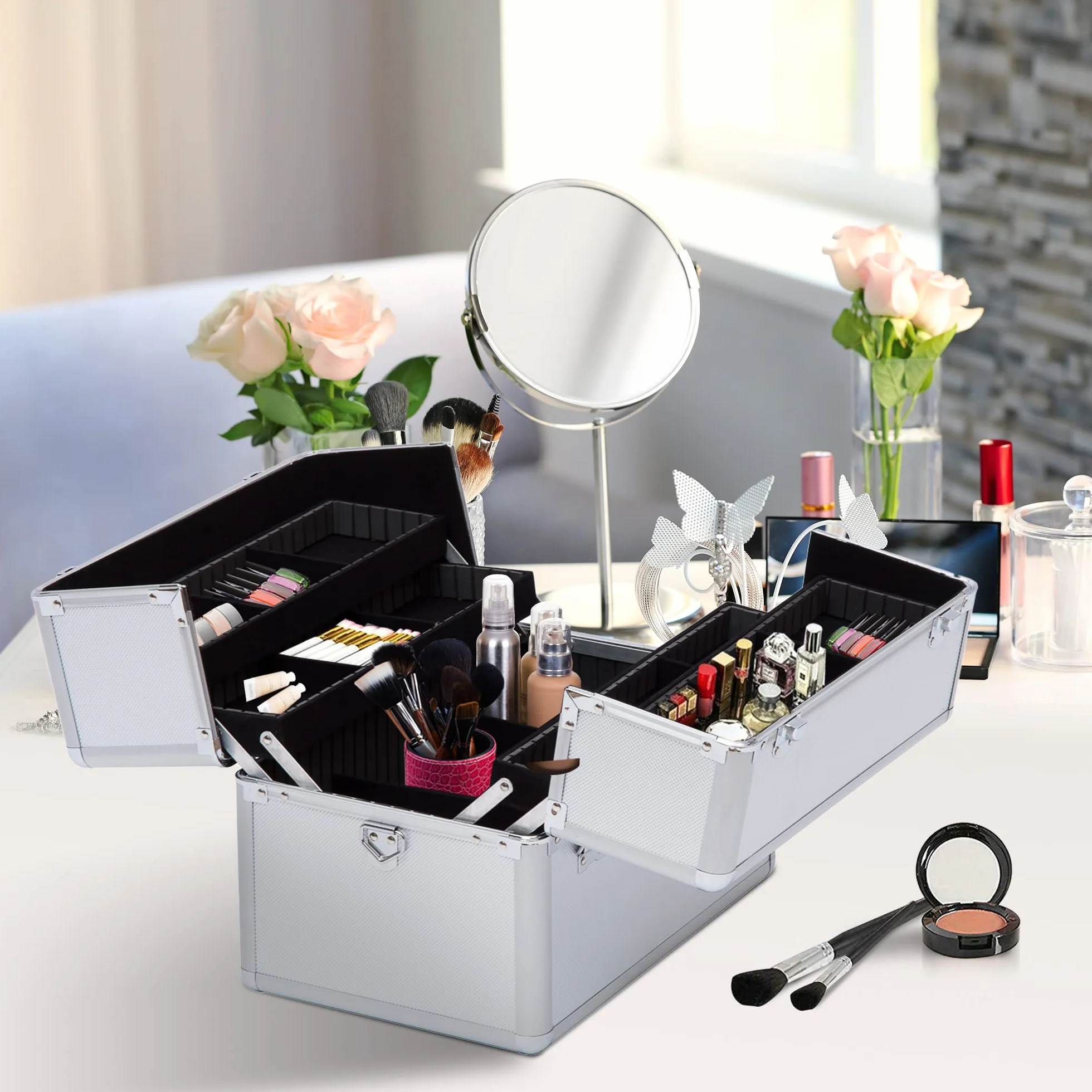 HOMCOM Mallette Maquillage Valise Cosmétique 3 Niveaux avec Clés 36,5 x 24 x 29 cm Argent