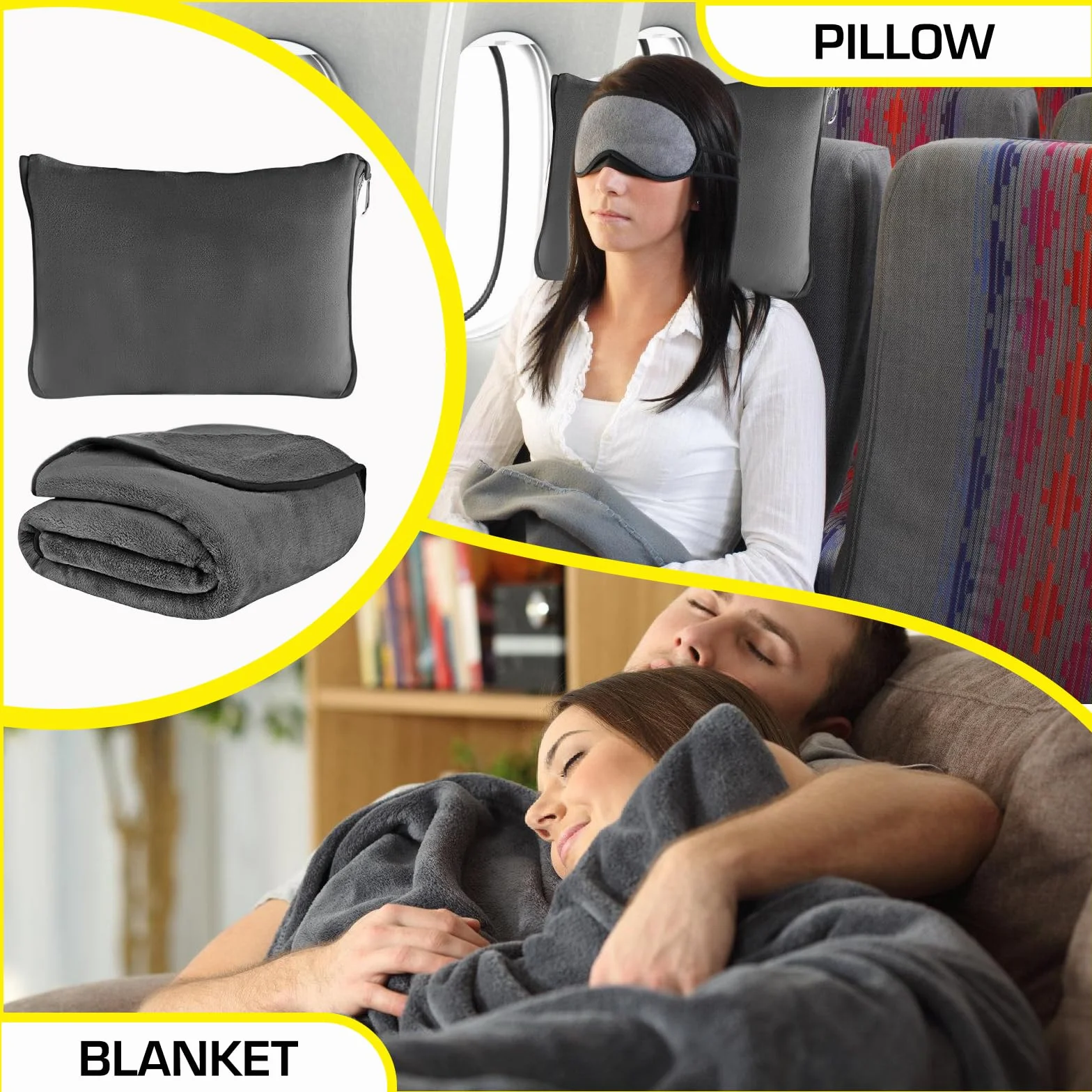 SPORWAY Couverture de voyage 2 en 1 127 × 152 cm grise avec taie d'oreiller douce et chaude