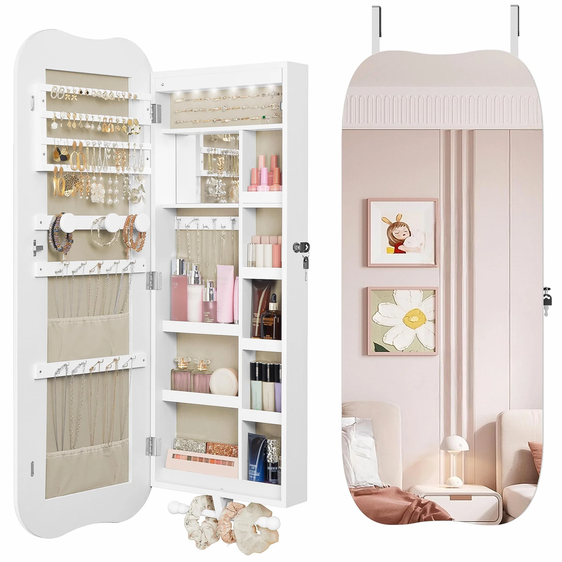 Hzuaneri Armoire à Bijoux avec Miroir Long, LED et Serrure, Grande Capacité, Suspendu ou Mural, Blanc et Doublure Grise Beige