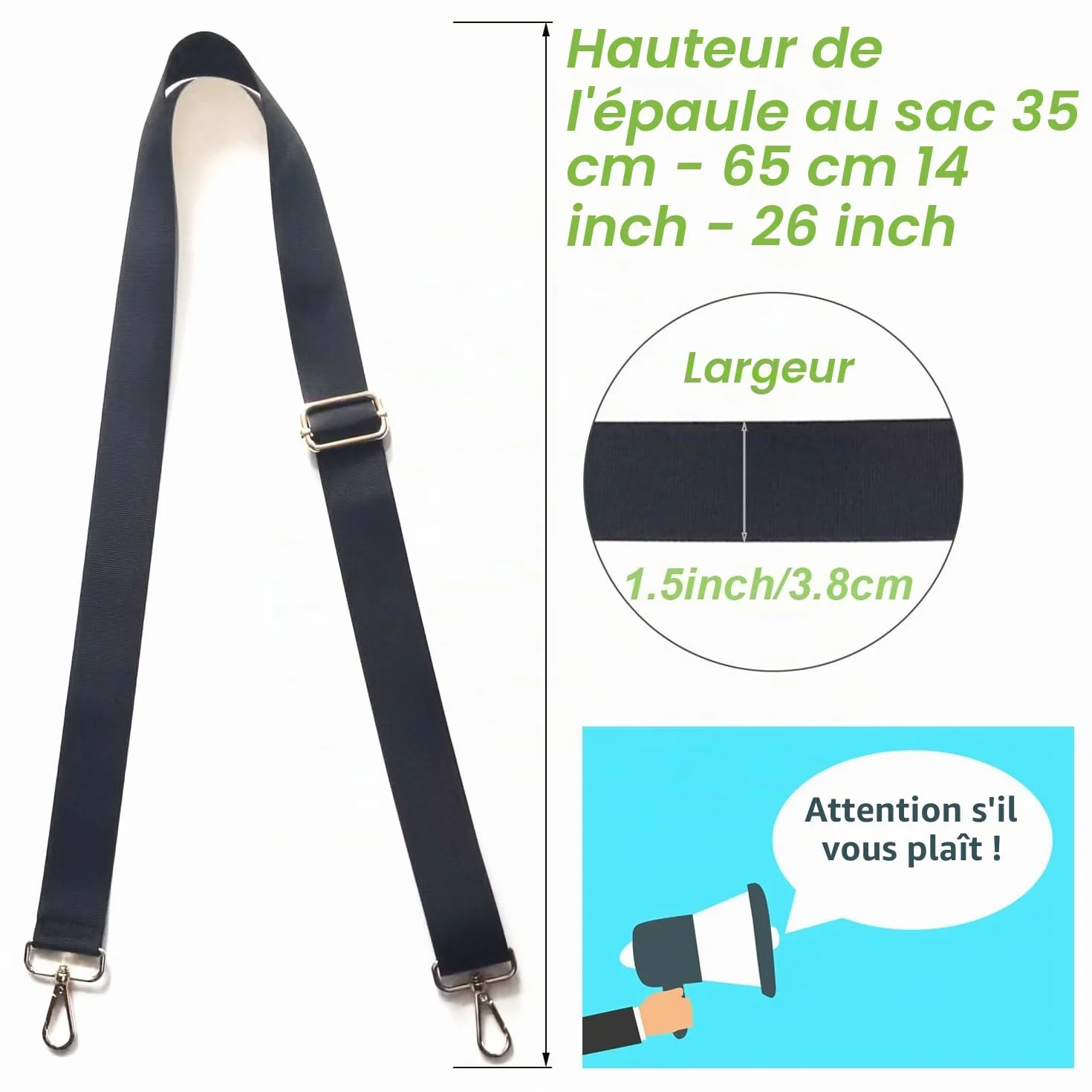 Hibate Noir 3,8cm Universel Remplacement Bandoulière Sac Sangles d'épaule Réglables Sac Marin