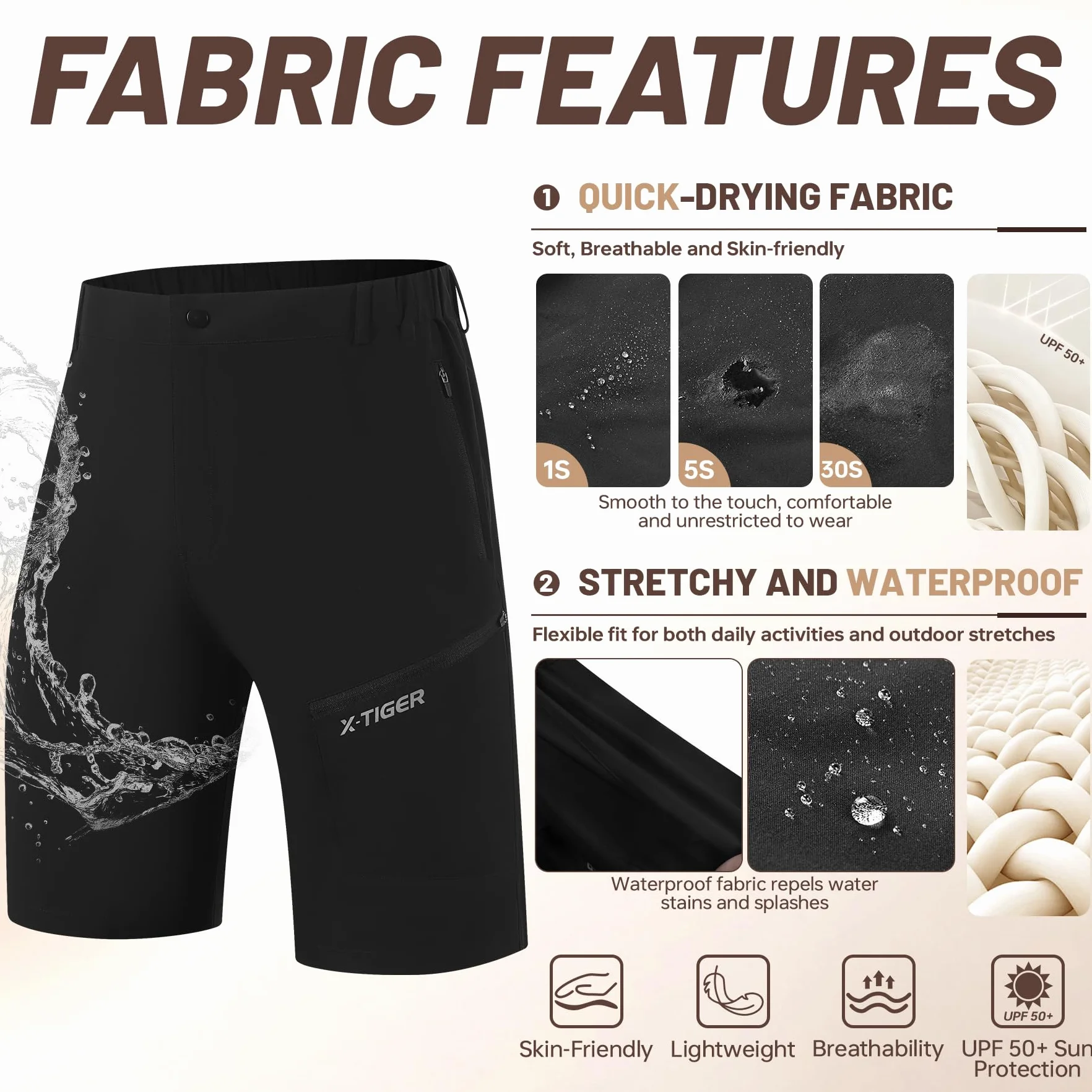 X-TIGER Short Cargo Homme Tactique 5 Poches Séchage Rapide Respirant Imperméable Stretch Trekking Camping