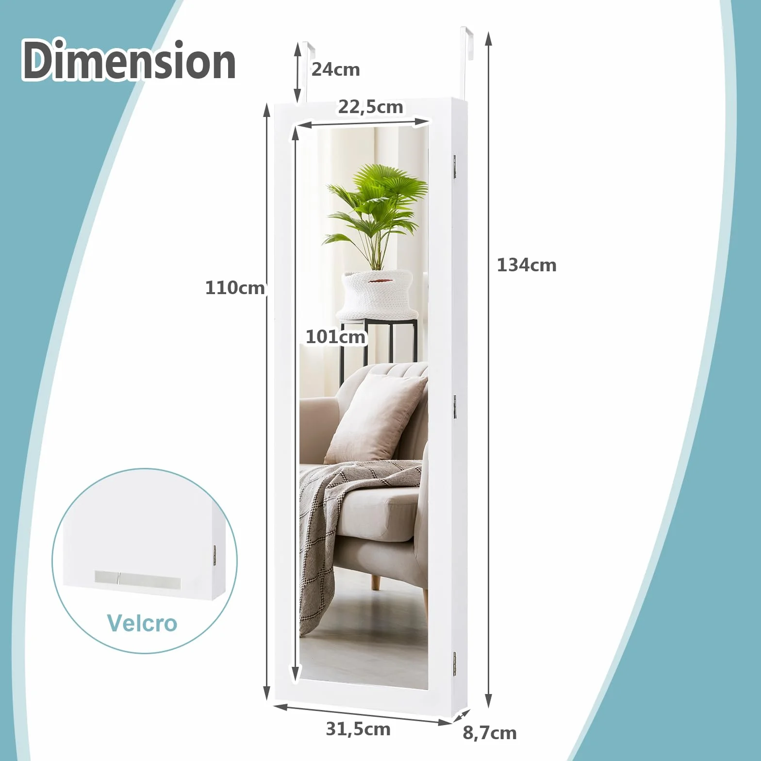RELAX4LIFE Armoire à Bijoux Murale avec Miroir Pleine Longueur, 31,5x8,7x110 cm, Blanc
