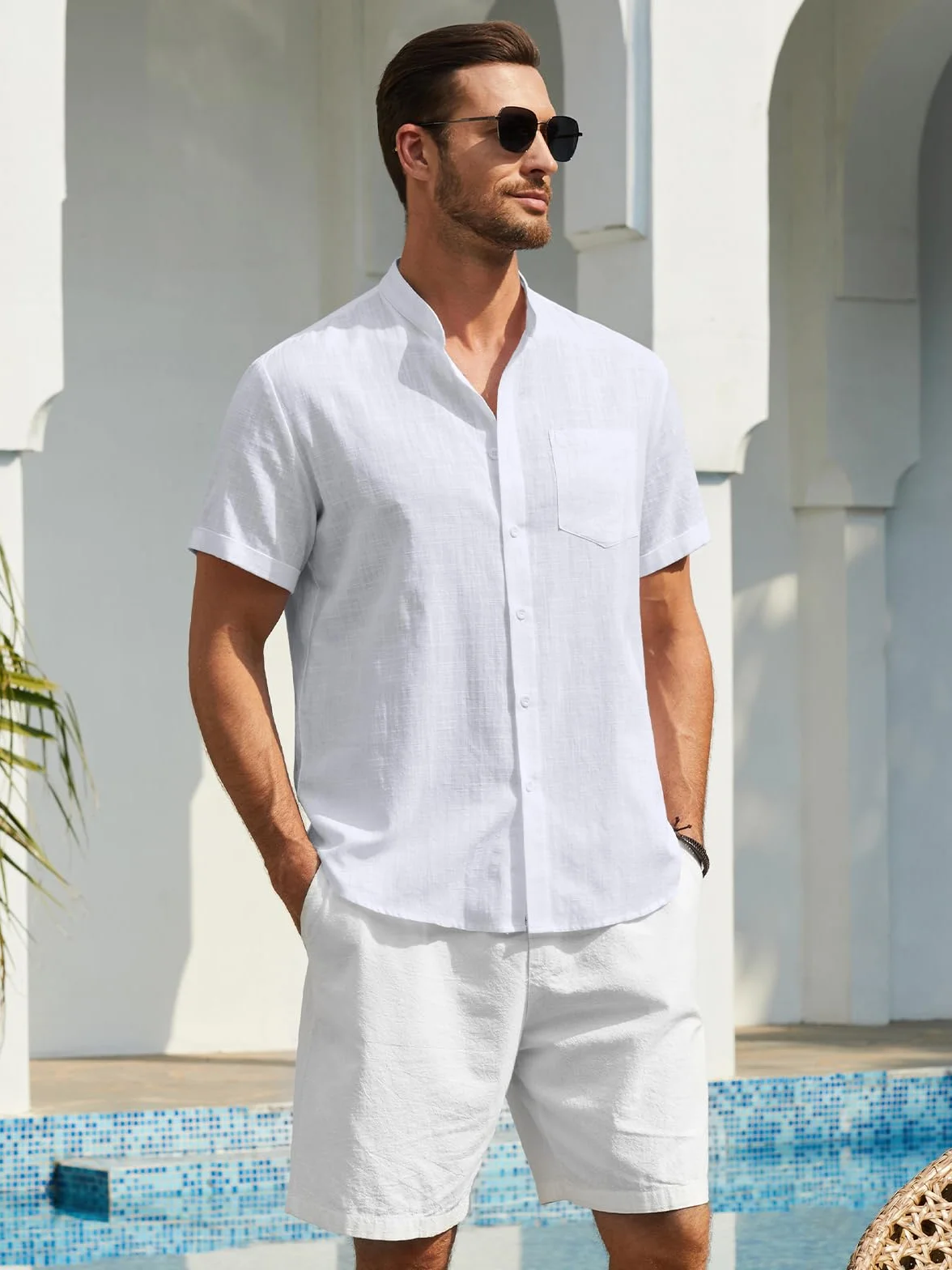 Chemises Lin Homme Manche Courte Col Mao Henley Été S-4XL