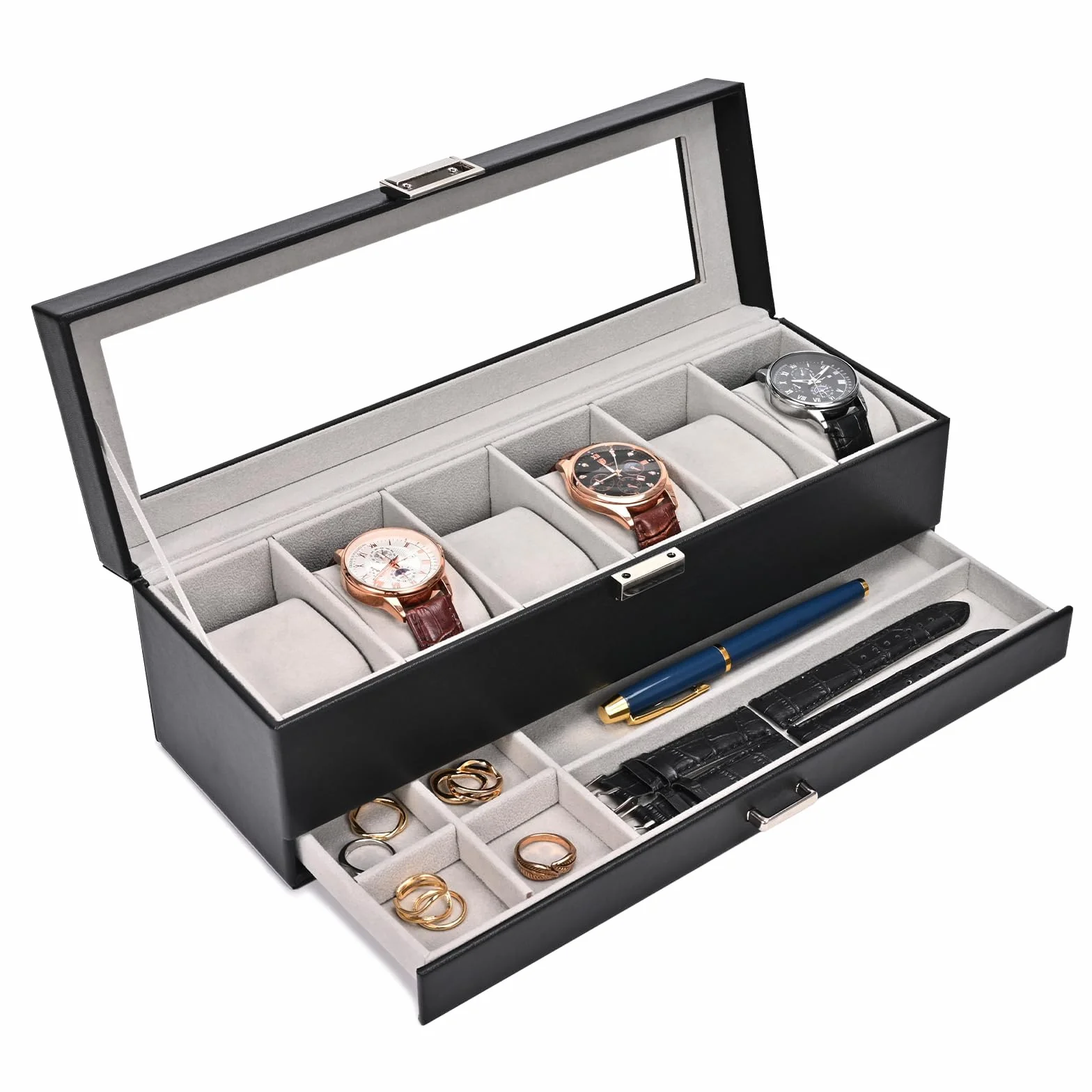 ProCase Boite a Montre 2 Niveaux 6 Emplacements avec Coussins Couvercle en Verre Noir