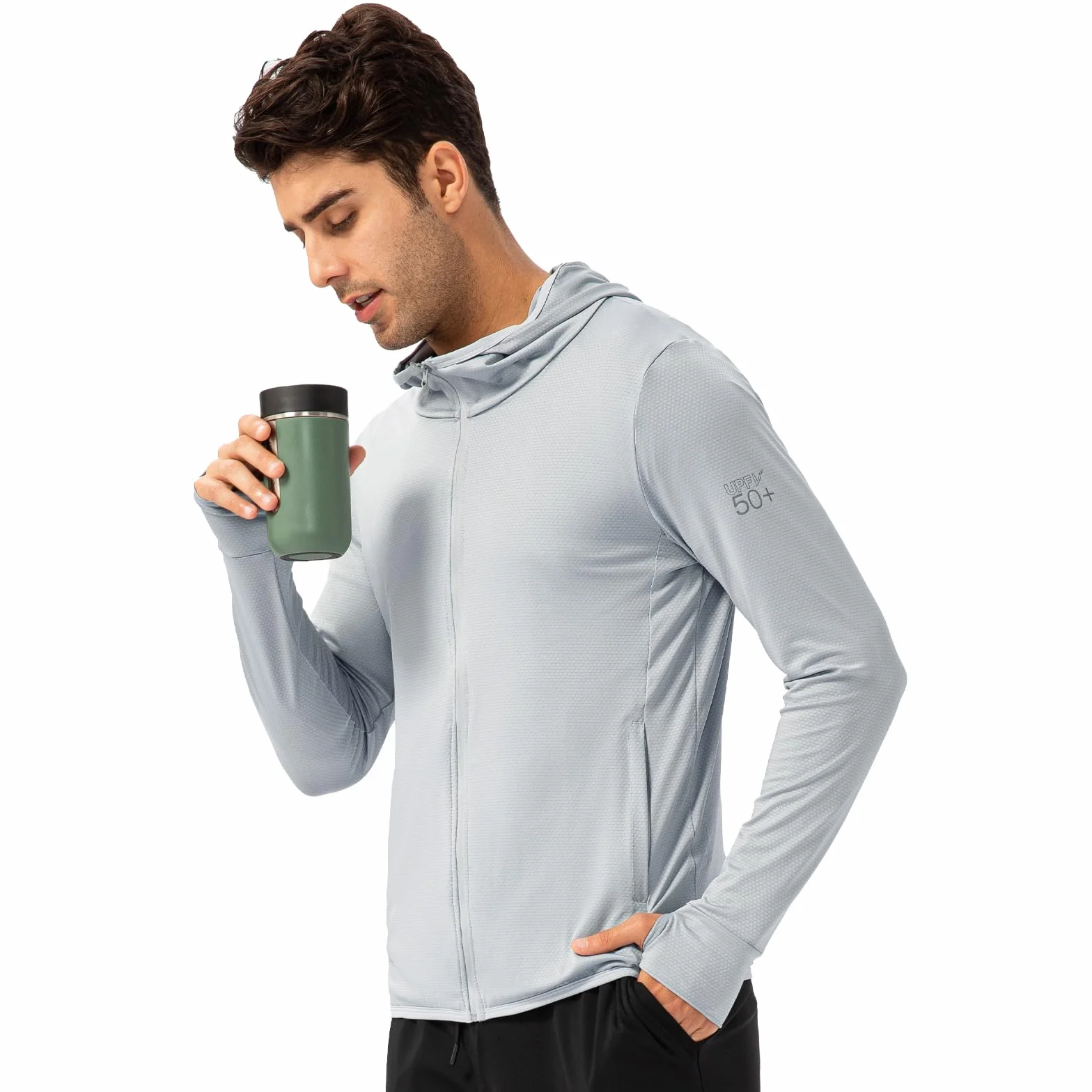 Veste de Course à Pied Homme UPF 50+ UV Zippée Manches Longues Respirante avec Trous de Pouce