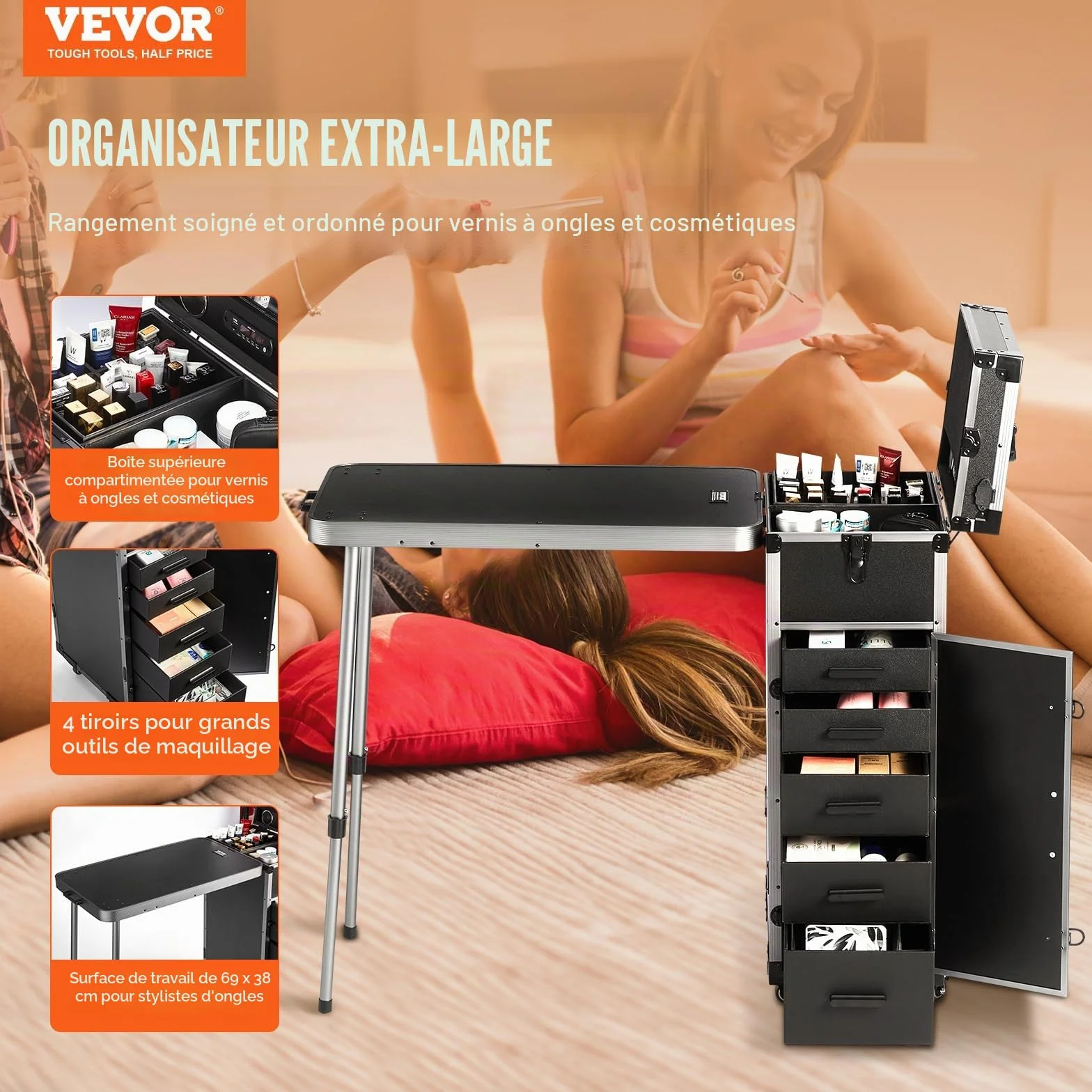 VEVOR Mallette de Maquillage en Aluminium Professionnelle avec Roues Pivotantes 360°, Noir