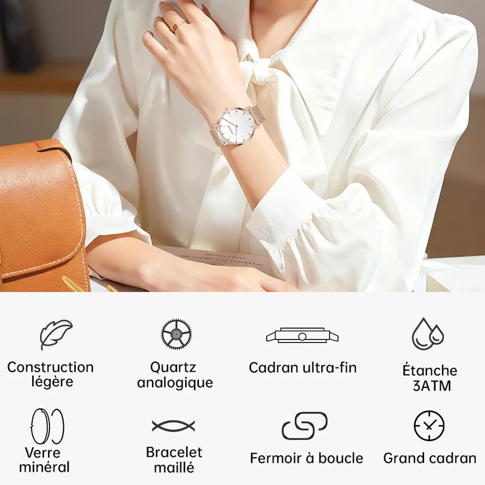 LIGE Montre Femme Ultra-Plate Acier Inoxydable Étanche Grand Cadran Analogique Quartz