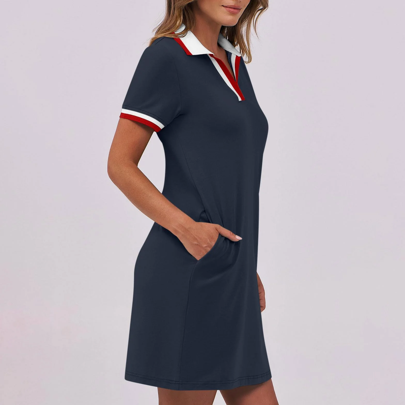 Robe polo femme manches courtes longueur genou sport été golf tennis couleur unie avec poches