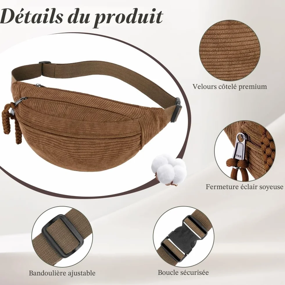 Sac Banane Velours Côtelé pour Femme avec Sangle Réglable, Sac de Voyage Polyvalent