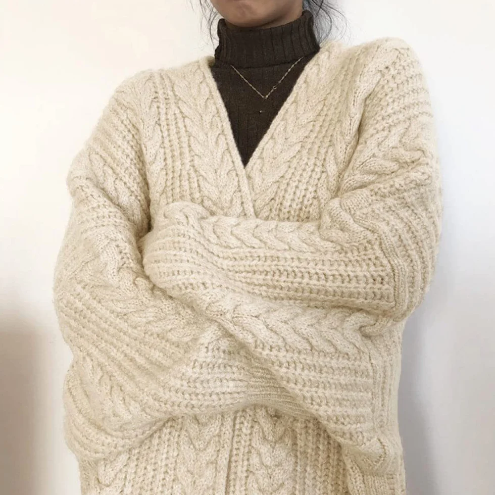 Cardigan Femme Vintage Beige Col V Lâche Manches Longues Pull Tricot Manteau Doux Chaud Mi-Long Taille Unique