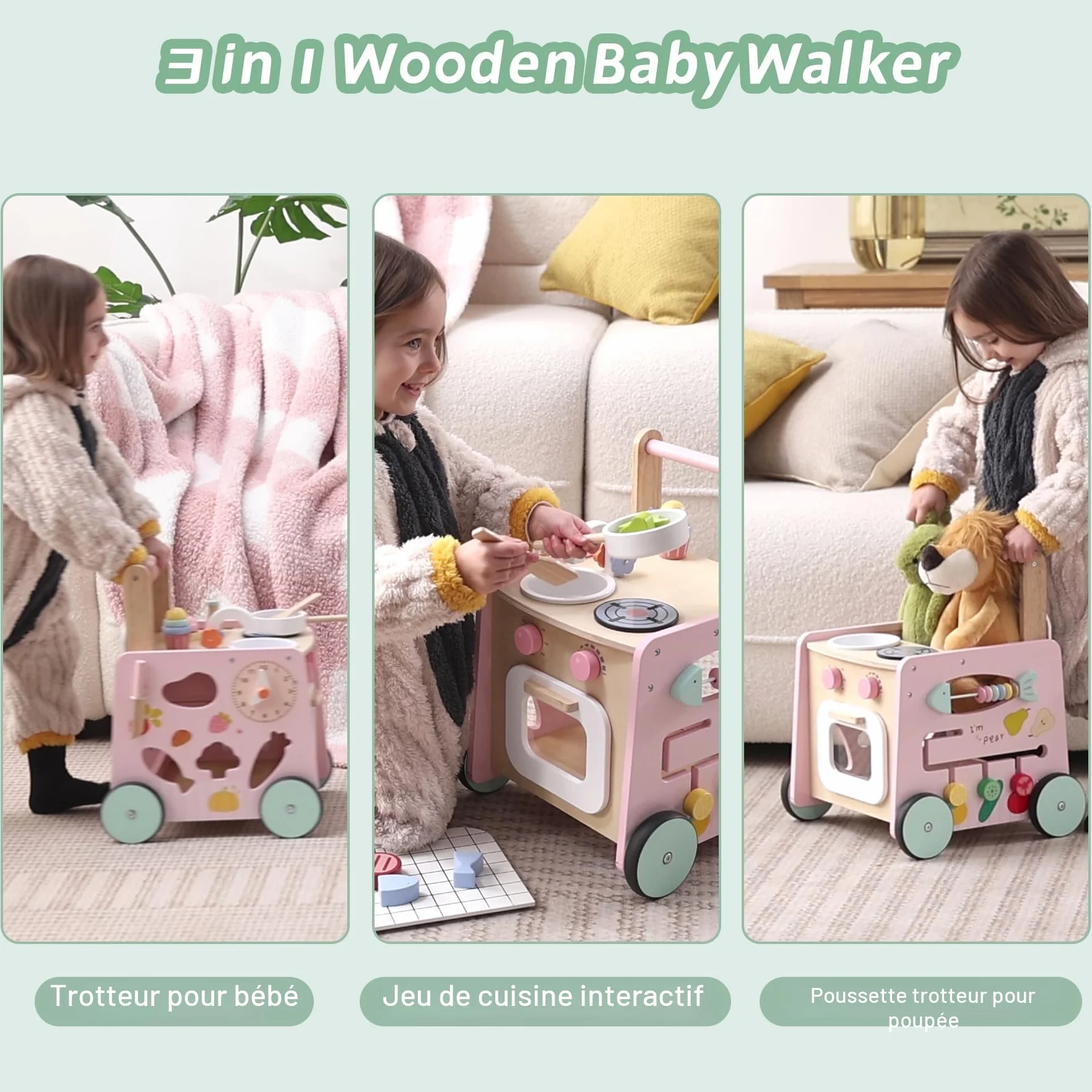 Trotteur Bébé en Bois 9 en 1 Chariot de Marche avec Jouets Montessori et Cuisine de Jeu