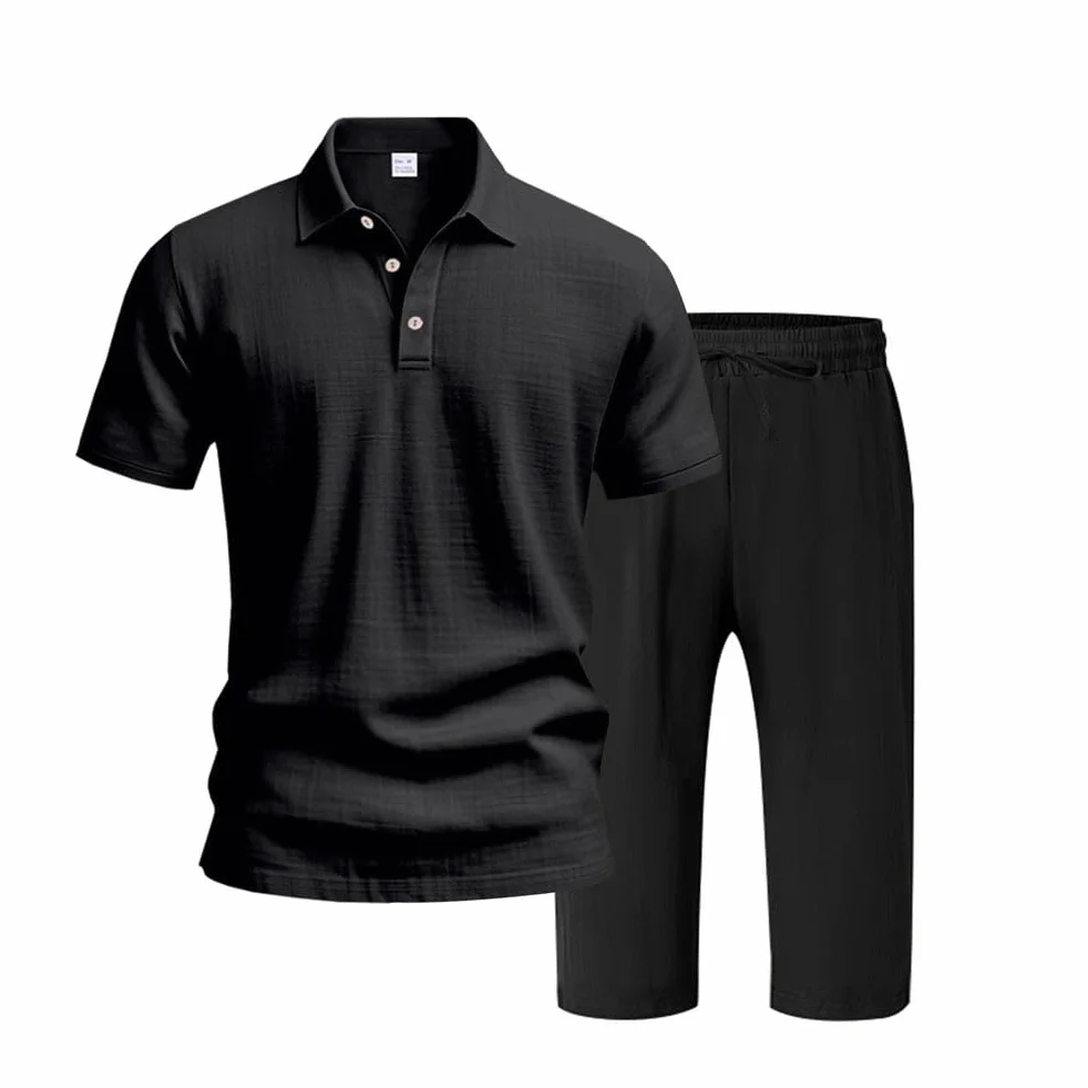 Ensemble en Lin 2 Pièce Chemise T-Shirt Manches Courtes Shorts Jogging Pantacourt 3/4 Capri Été Élastique Plage