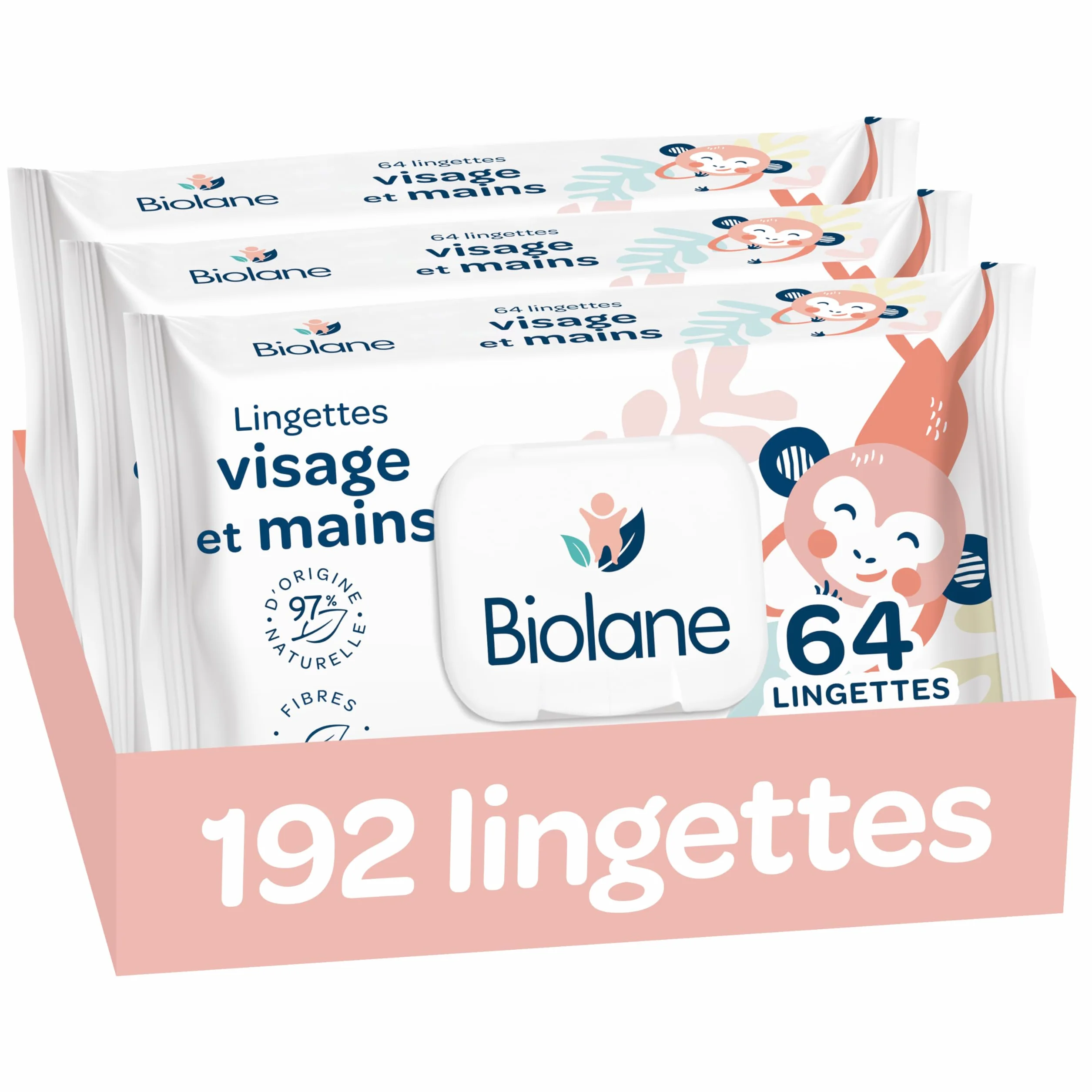 BIOLANE Lingettes bébé visage et mains Lot de 3 paquets 192 Lingettes 97% ingrédients naturels Peaux Sensibles
