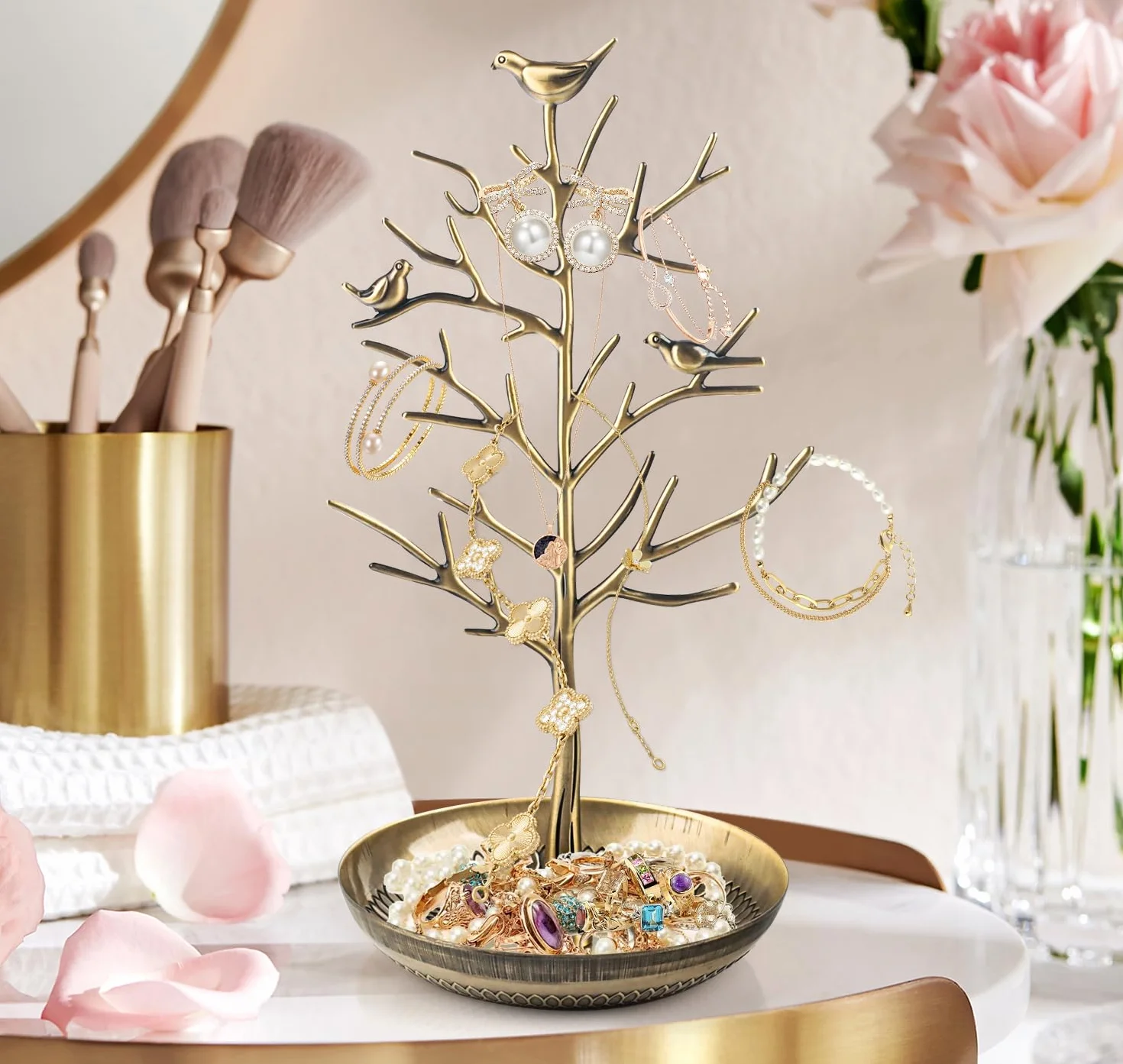 Arbre à Bijoux en Metal avec Socle Bambou, Porte-Bijoux Présentoir