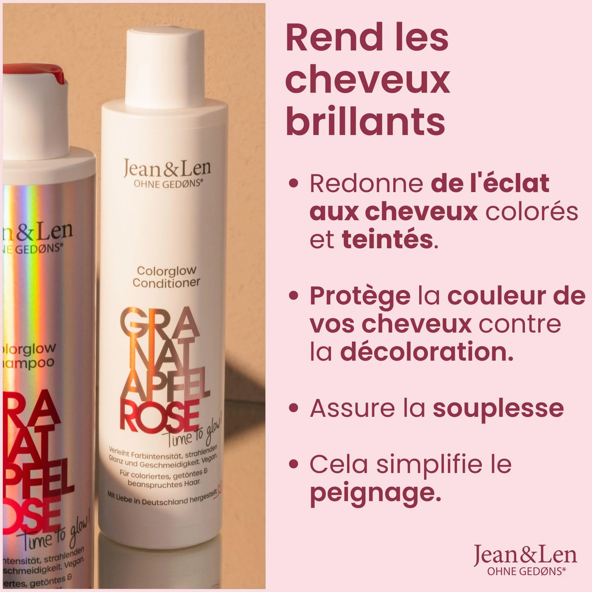 Jean & Len Après-shampooing Colorglow cheveux colorés extrait grenade pétales rose panthénol 300 ml