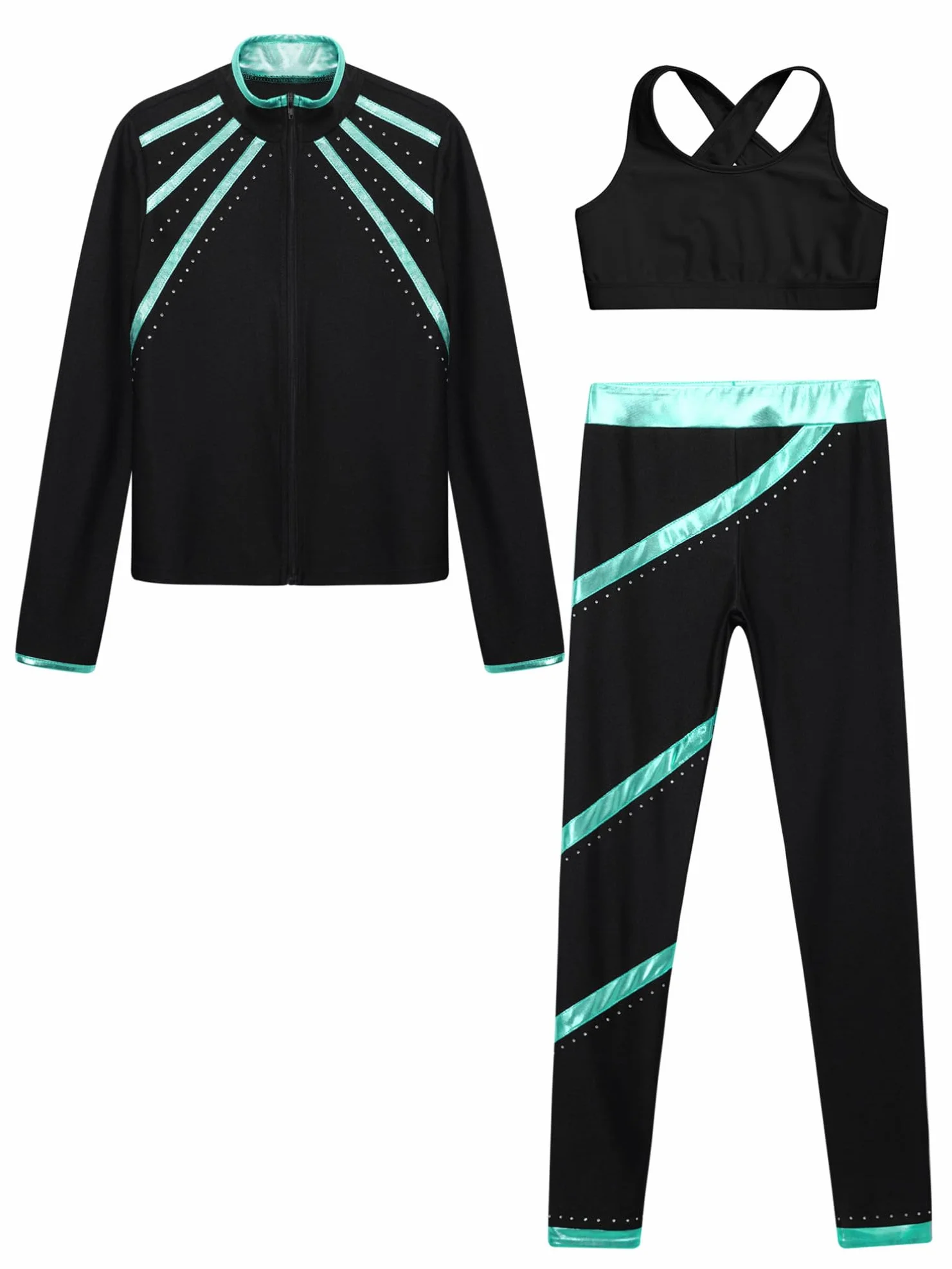 YiZYiF Fille Ensemble Patinage Artistique Paillette Veste Top Manches Longues Débardeur Pantalon Sport Gymnastique Yoga