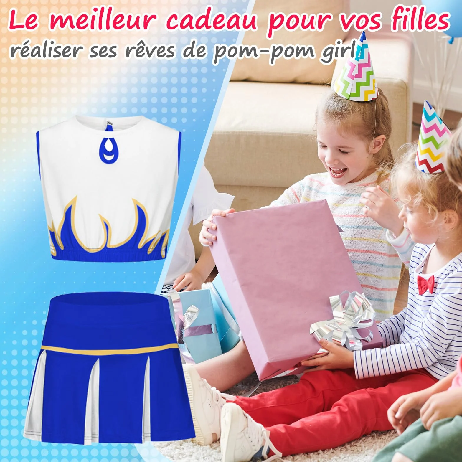 Robe de pom-pom girl pour fille avec serre-tête uniforme cheerleading carnaval anniversaire Halloween fêtes Cosplay 3-15 ans