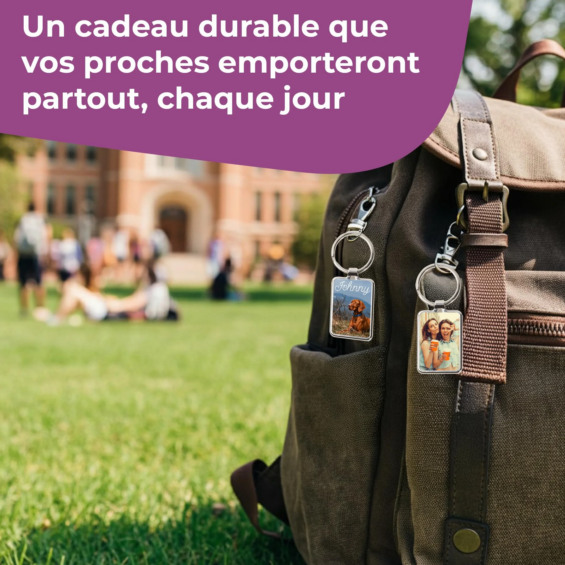 Porte-clé personnalisé en acier inoxydable 7,5 × 3 cm avec photo ou texte, impression couleur