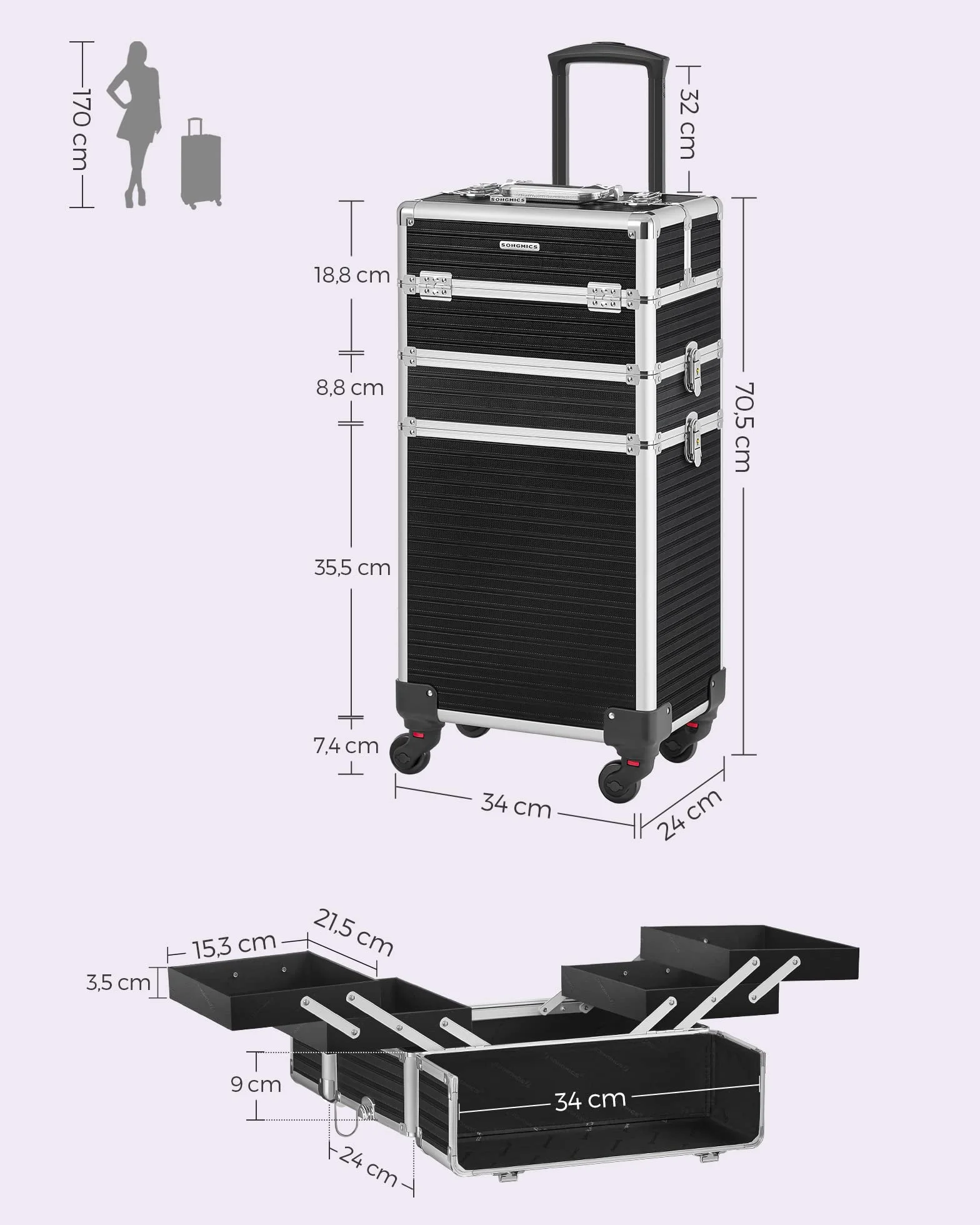 SONGMICS Valise de Maquillage Professionnel 3-en-1, Mallette Cosmétique XXL 34 x 24 x 70,5 cm, Noir