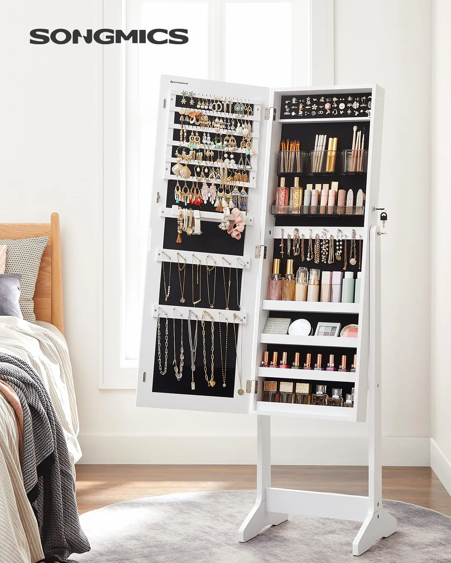 SONGMICS JJC002W01 Armoire à bijoux avec miroir, debout, verrouillable, blanc