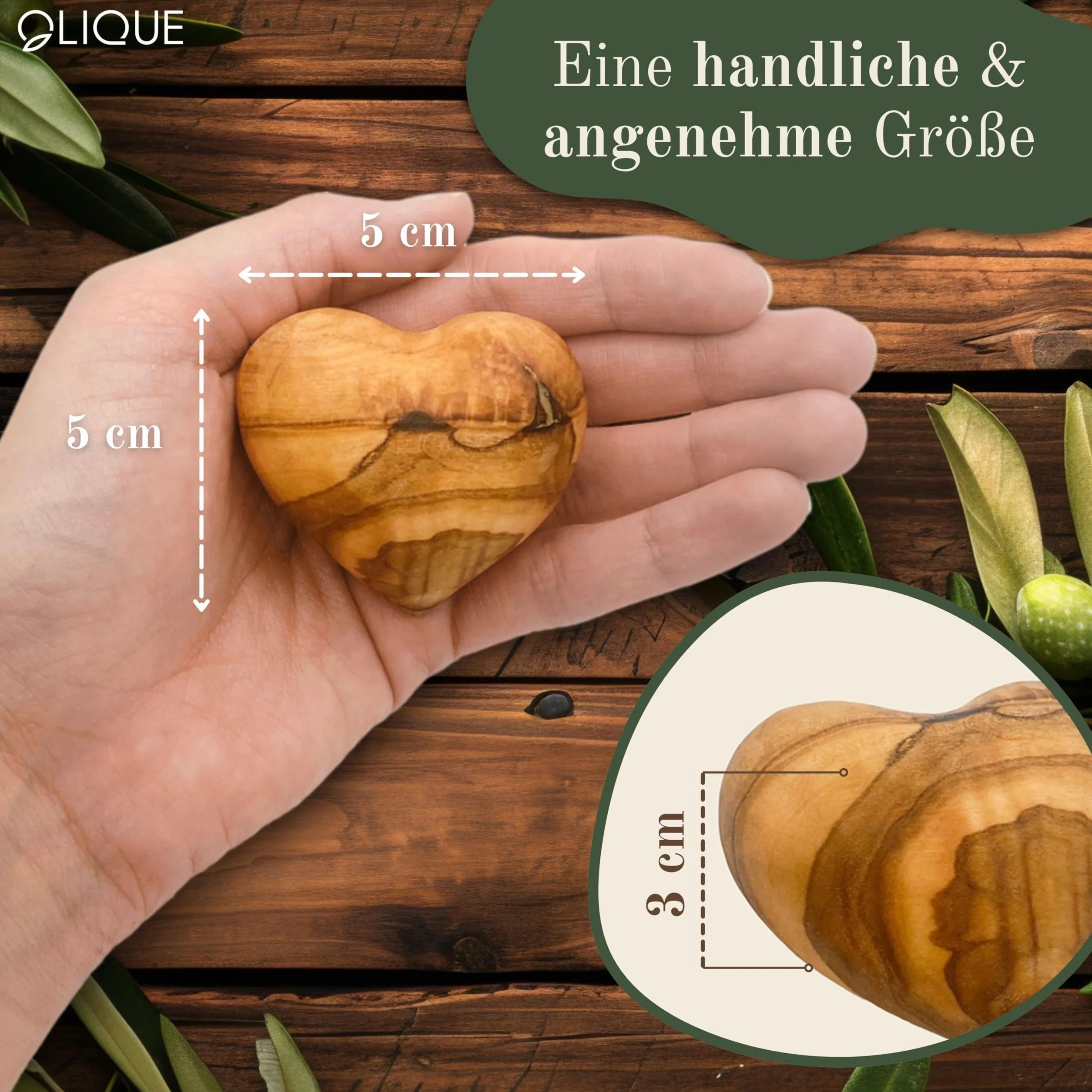 Cœur en Bois d'Olivier Pierre de Préoccupation Faite à la Main Cadeau Naissance Baptême Communion Confirmation