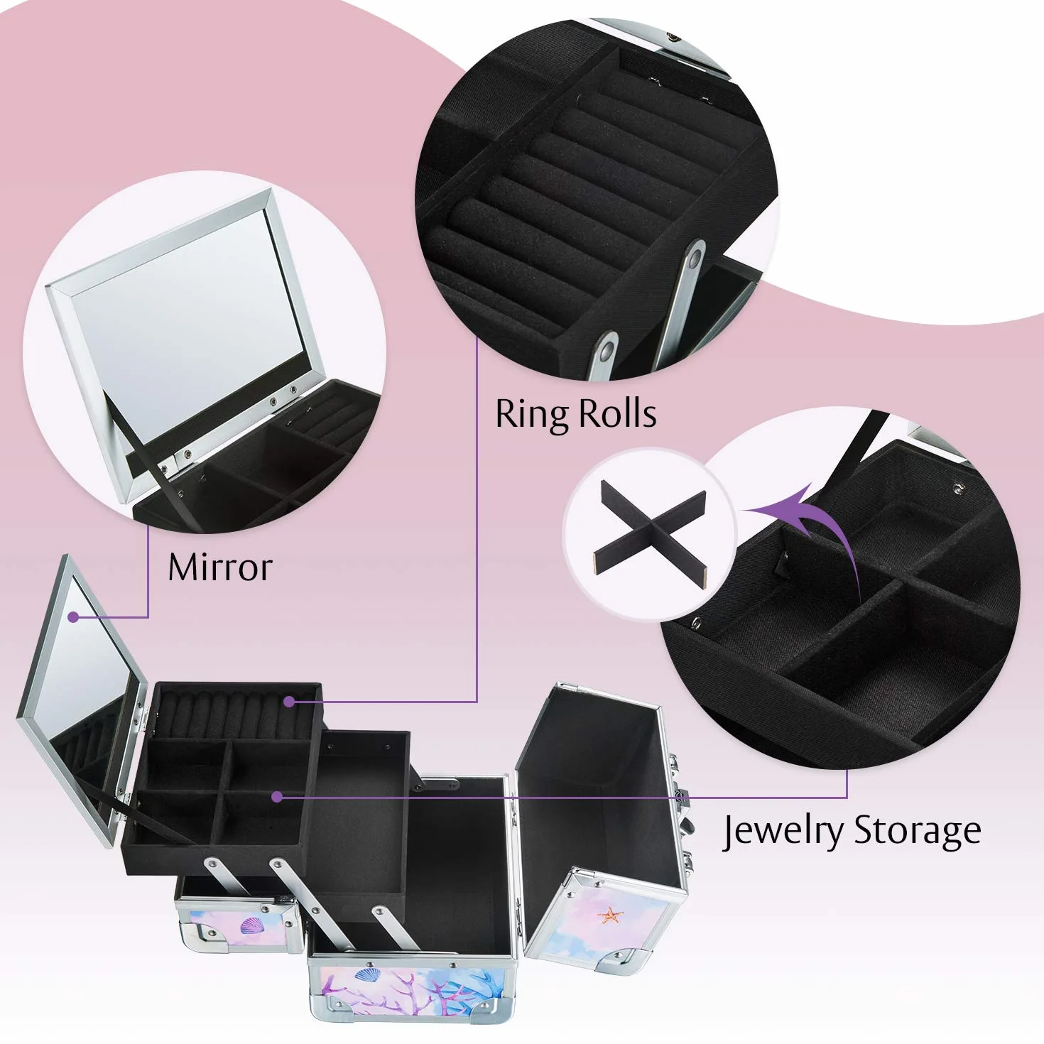 Mallette Maquillage avec Miroir Vanity Coffret Rangement Cosmétique Valise Voyage Fille Sirène