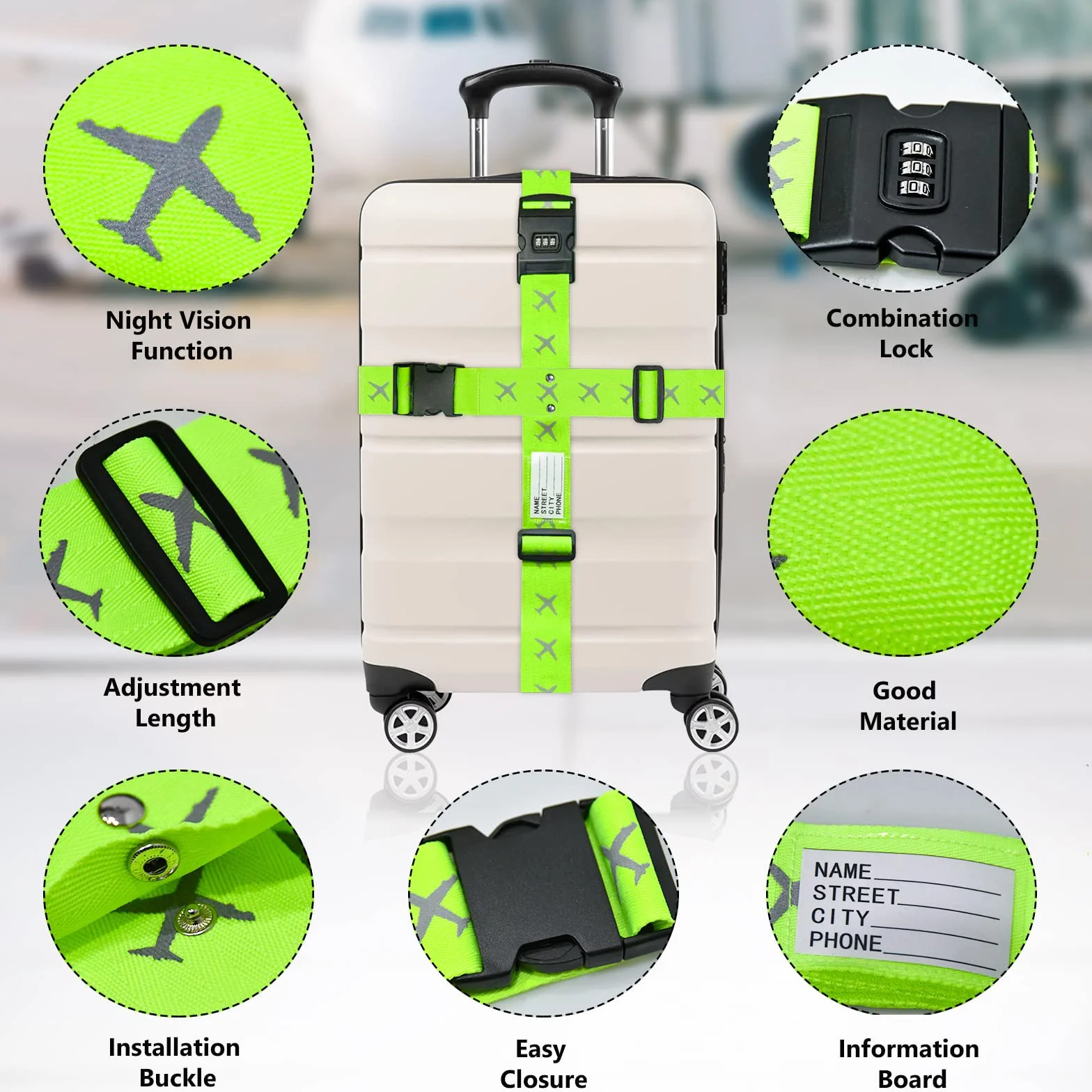 AOKITO Sangle Valise 4 Pièces avec Serrure à Combinaison Réglable pour Valises 20-34 Pouces Lac Bleu et Vert Vif
