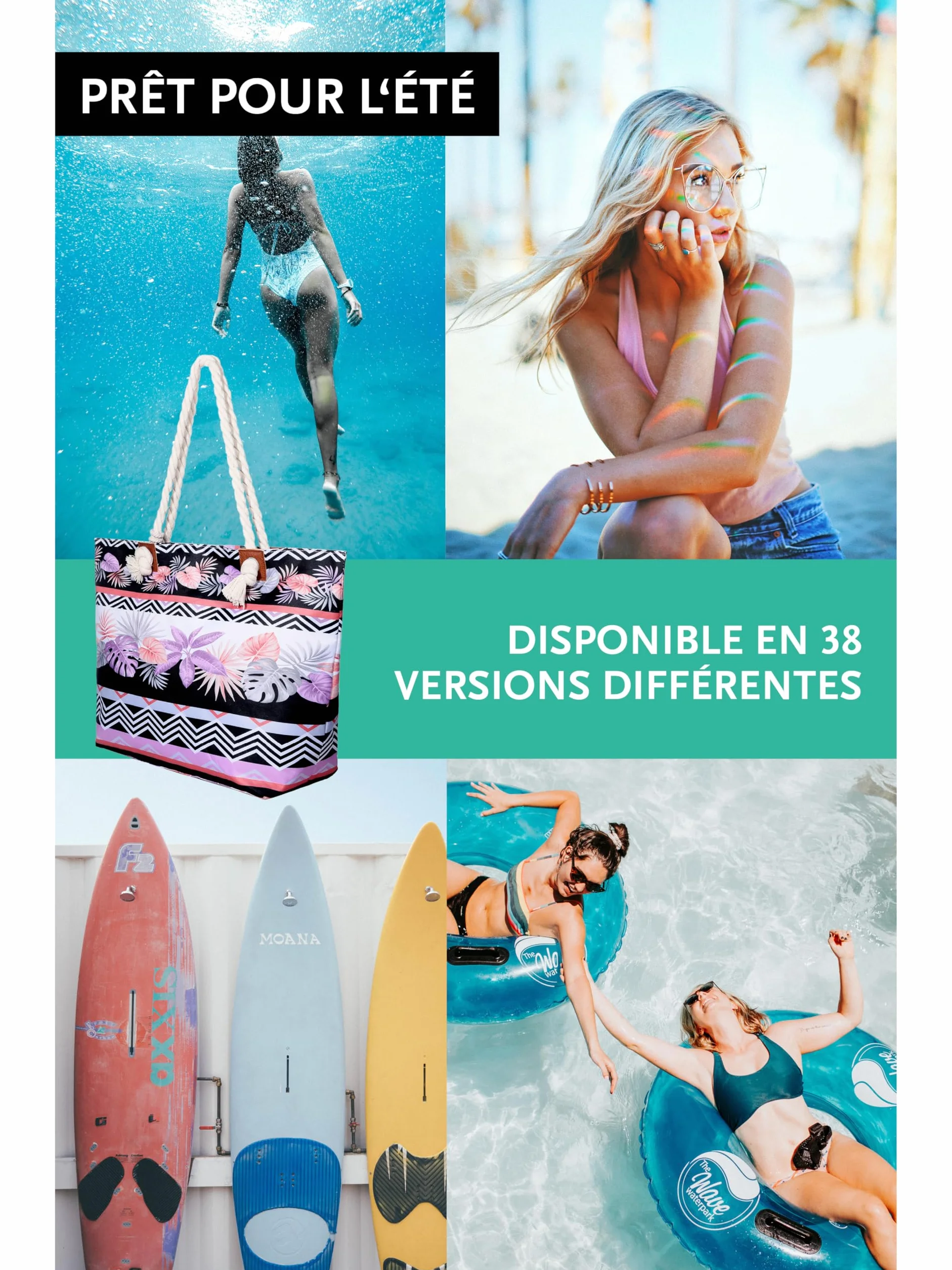 Grand Sac de Plage avec Fermeture à Glissière Sac Shopping Bandoulière