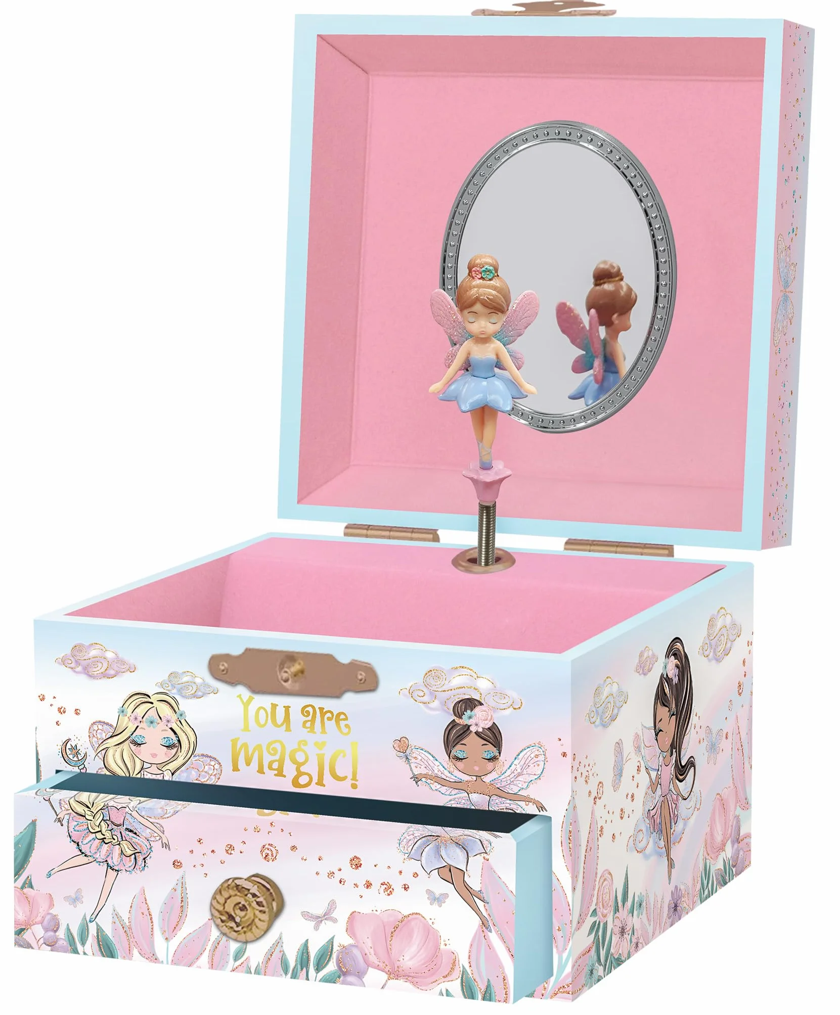 Boîte à Bijoux Musicale pour Filles avec Miroir, Cadeau Princesse 3-10 ans, Rose