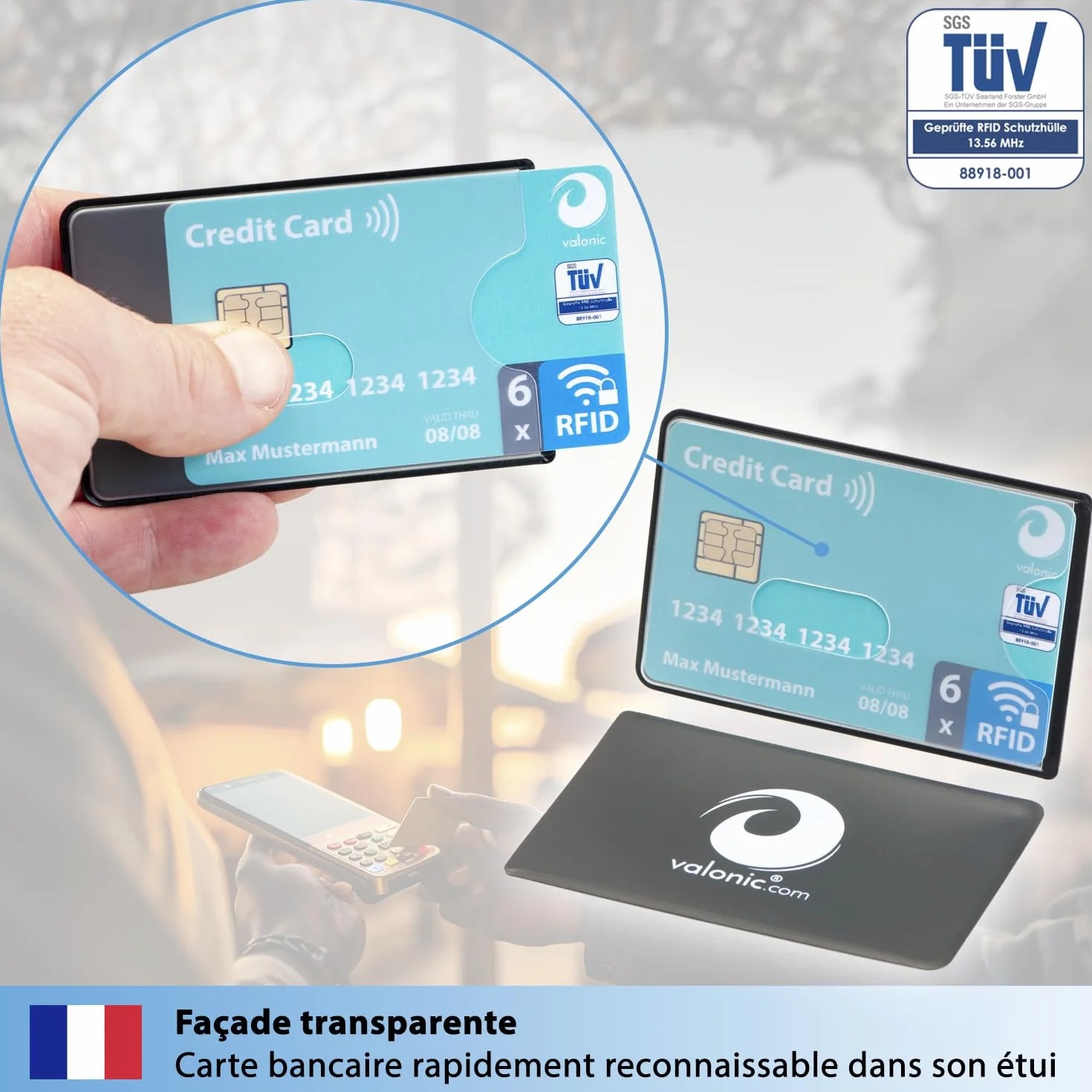 Valonic Protection Carte bancaire 6 pièces Anti RFID NFC Plastique Transparent