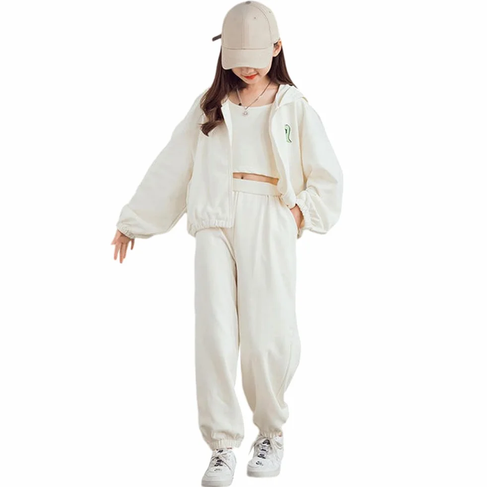 Ensemble de Jogging Enfant Fille 3 Pièces Veste à Capuche + Pantalon de Jogging Automne