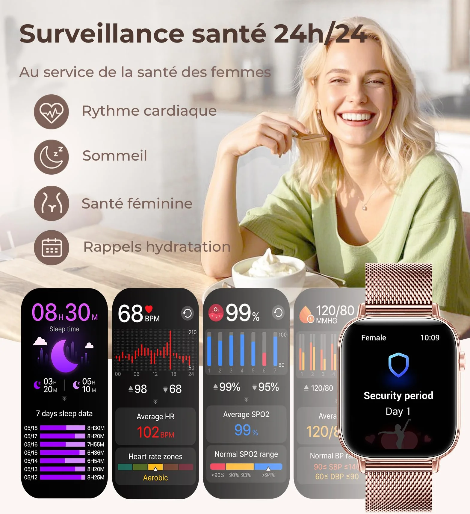 Montre Connectée Femme Iaret 1.83" Smartwatch 4 Bracelets Or Rose Appels HD 110+ Modes Sport Moniteur Cardiaque