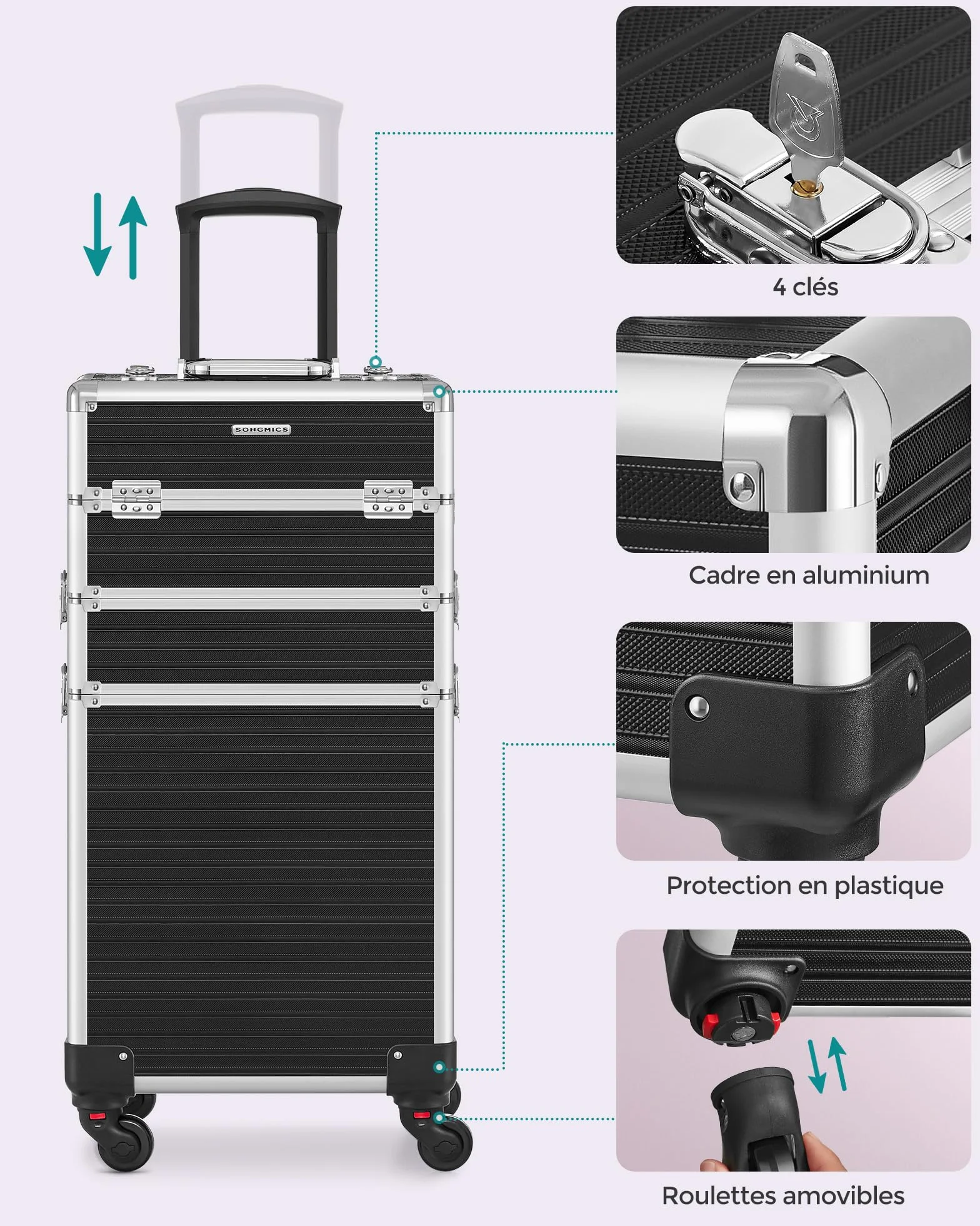 SONGMICS Valise de Maquillage Professionnel 3-en-1, Mallette Cosmétique XXL 34 x 24 x 70,5 cm, Noir