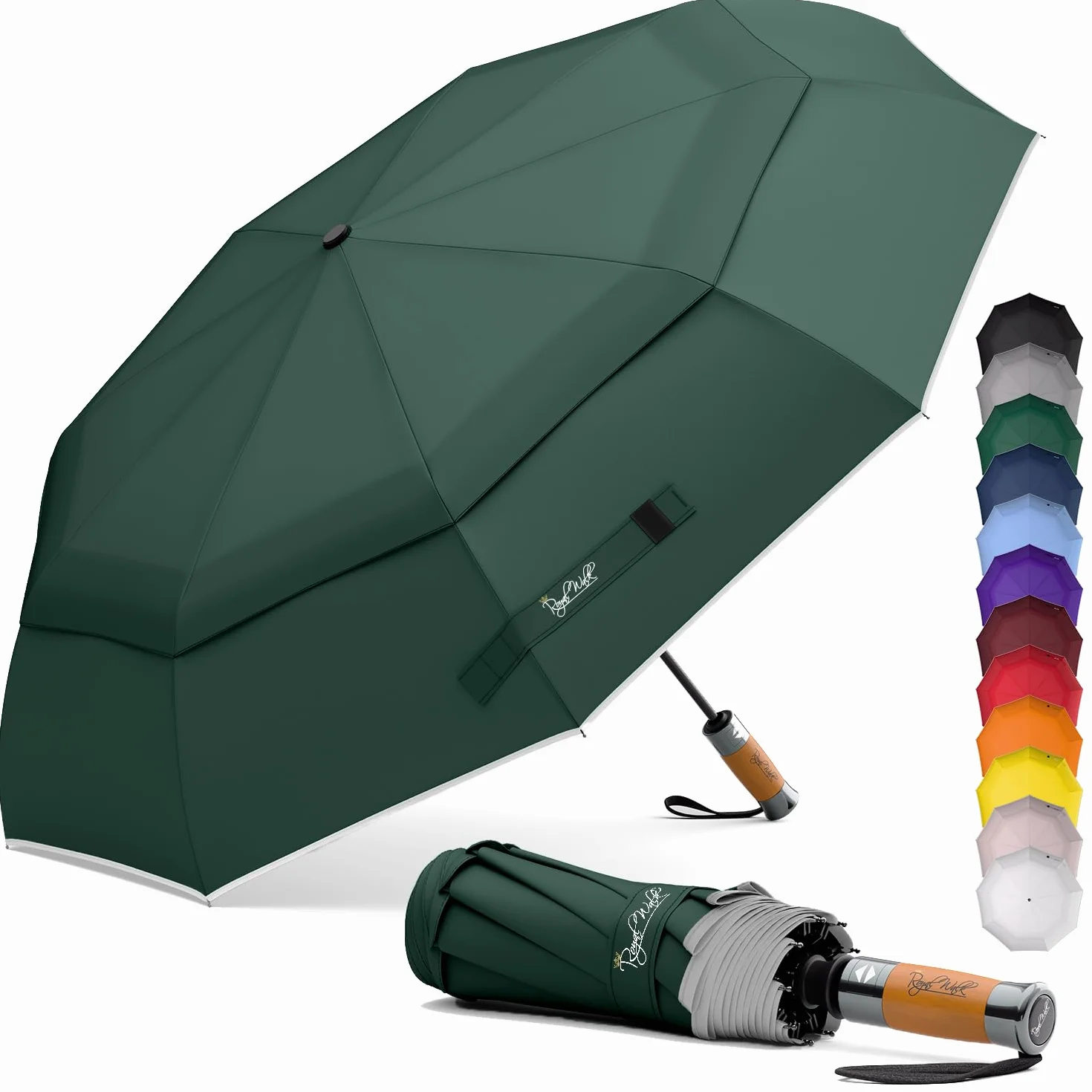 Royal Walk Parapluie de poche résistant aux tempêtes, automatique, double capote, poignée en bois véritable
