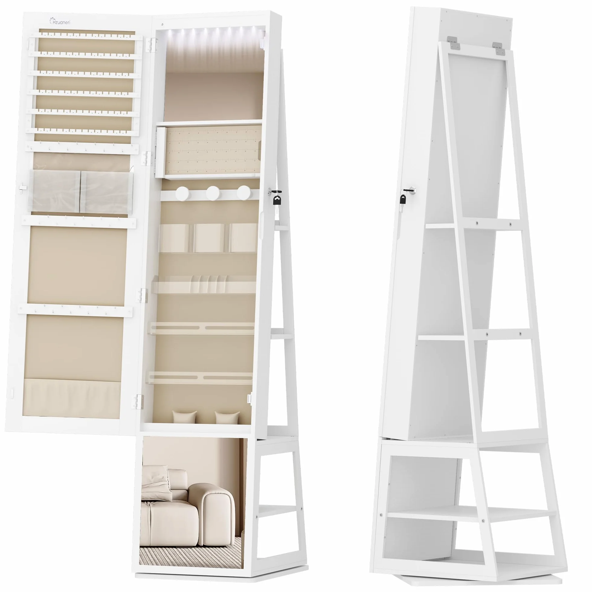 Armoire à bijoux 160cm avec LEDs, base rotative 360°, miroir verrouillable, Blanc et Beige