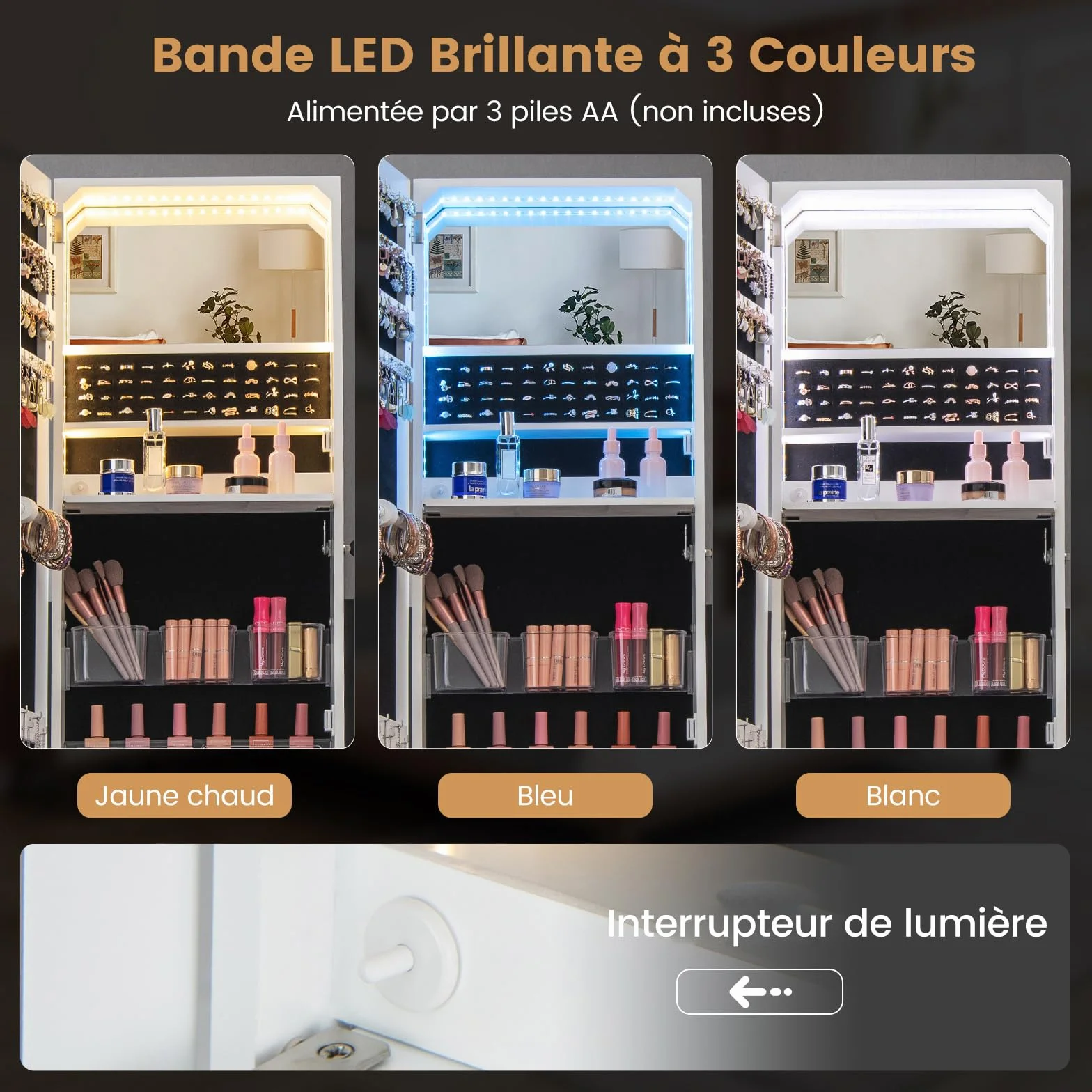 COSTWAY Armoire à Bijoux avec Miroir et Tiroir sur Pieds, Miroir Psyché HD sans Cadre, Verrouillable, Lumières LED 3 Couleurs, Blanc
