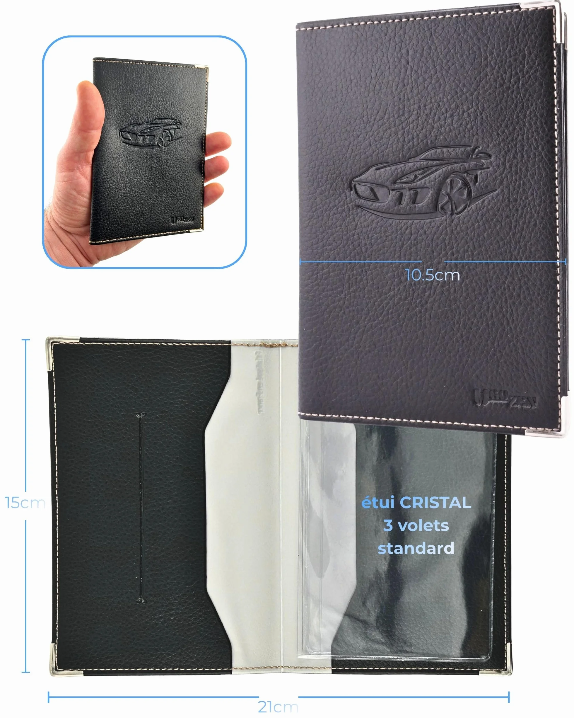 Ugozen Pochette Carte Grise Luxeo Porte Papier Voiture Etui 3 Volets Cristal Inclus
