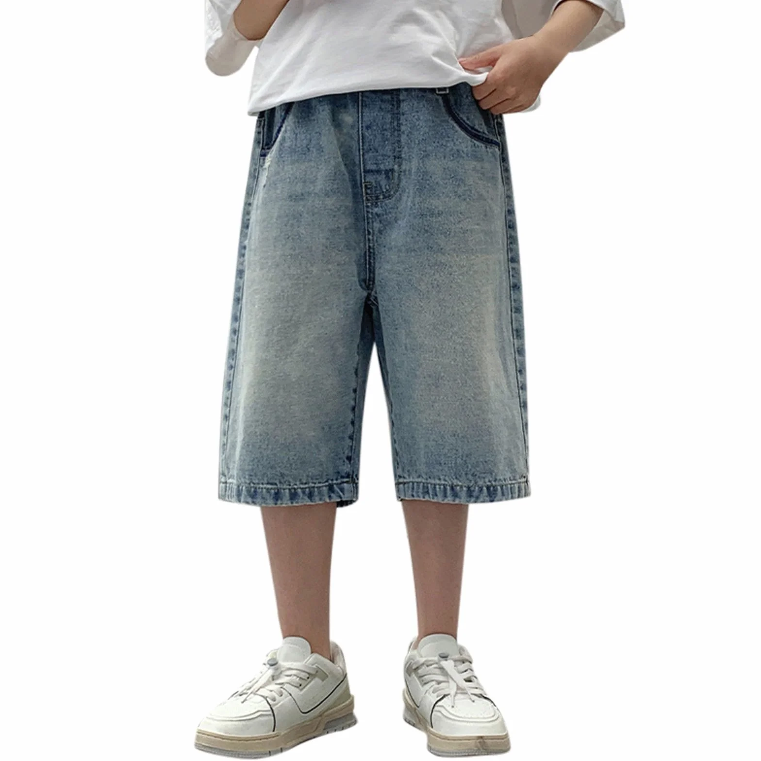 Bermuda en jean vintage pour garçons - Short ample taille élastique jambe droite - Streetwear hip-hop