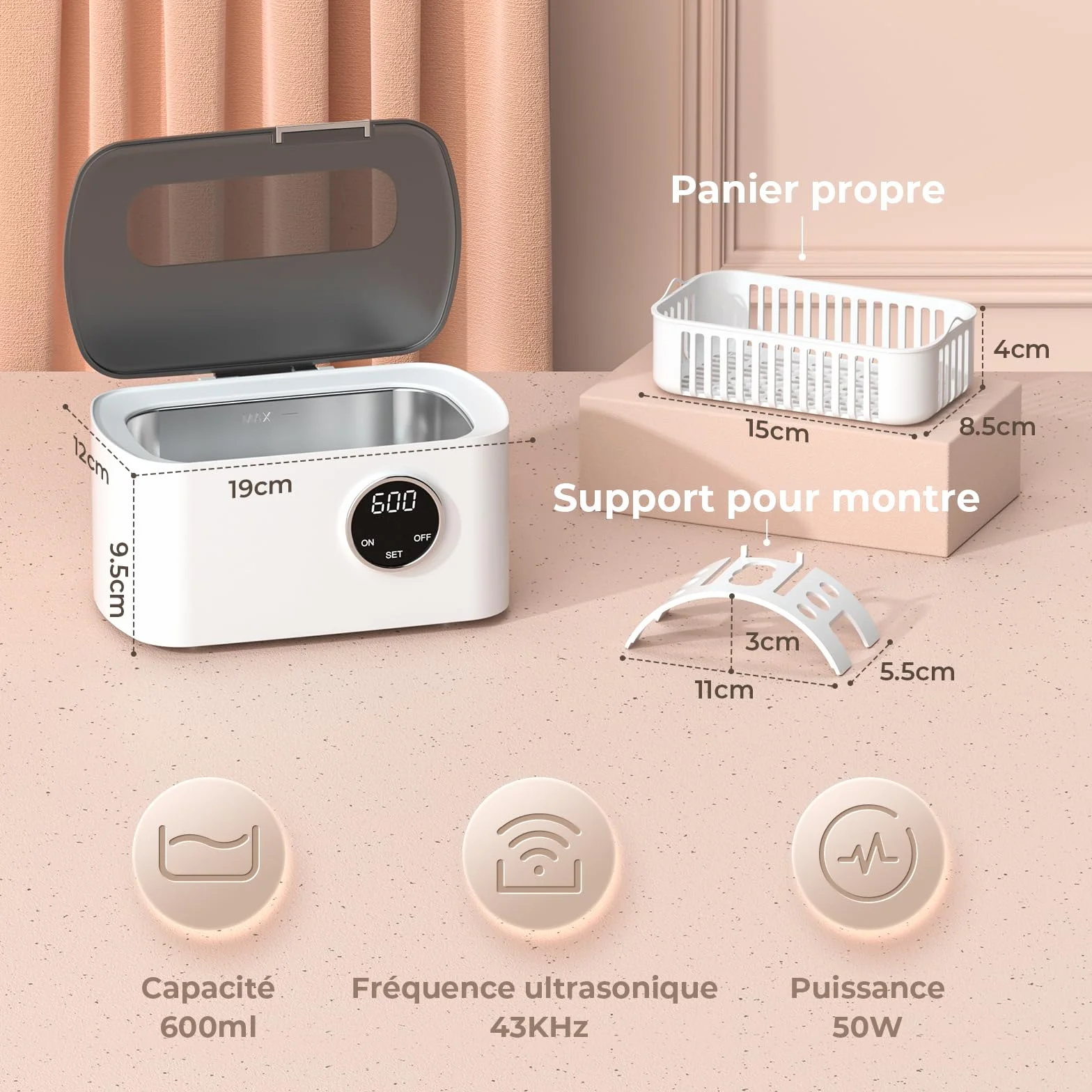 Nettoyeur Ultrasons 600ML 43kHz, Nettoyant Ultrason Bijoux avec Panier et Support