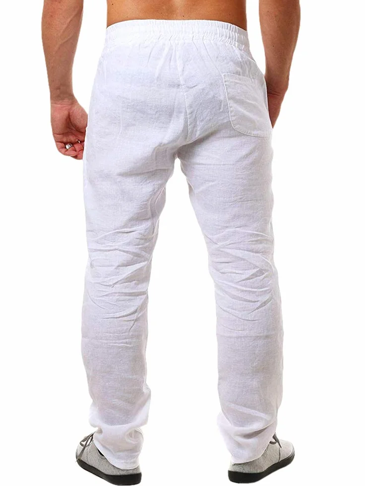 Runcati Pantalon en Lin pour Homme Long Coupe Ample avec Cordon de Serrage