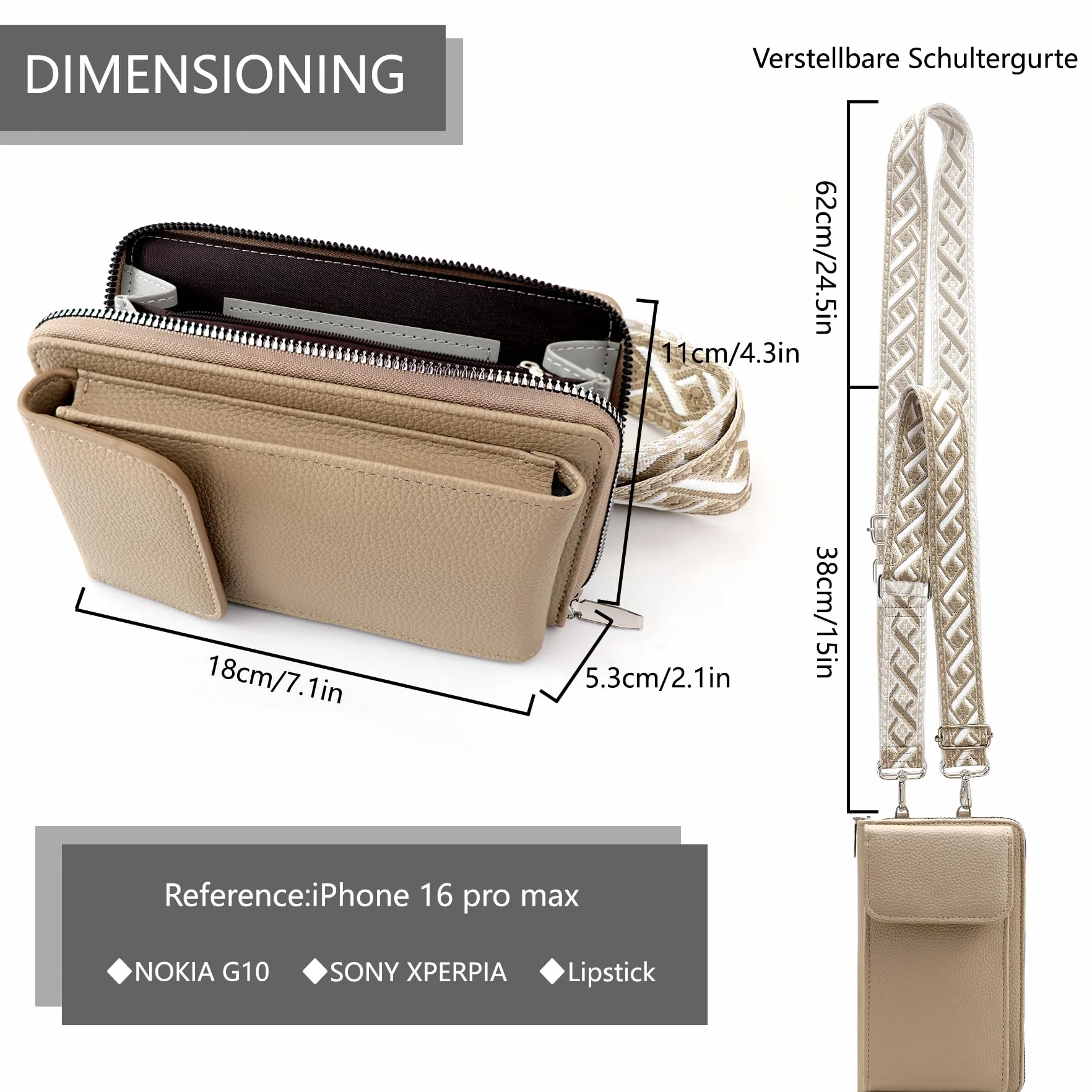 Pochette Téléphone Portable Femme, Sacoche Bandoulière Réglable en Cuir PU pour Téléphone 7"