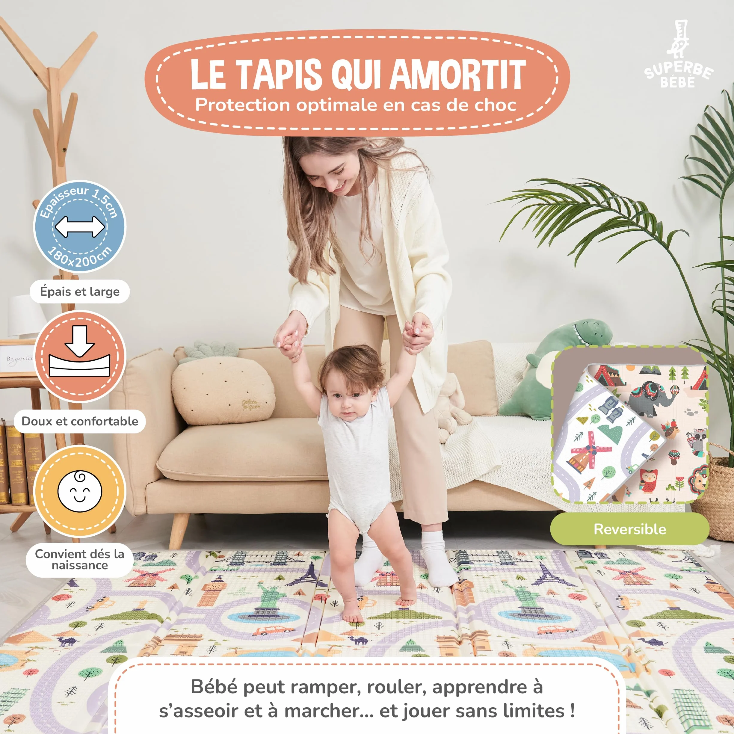 Tapis D'éveil Bébé Pliable Epais Réversible 180x200x1.5cm - Tapis De Jeu XXL En Mousse - Tapis De Motricité Sensoriel