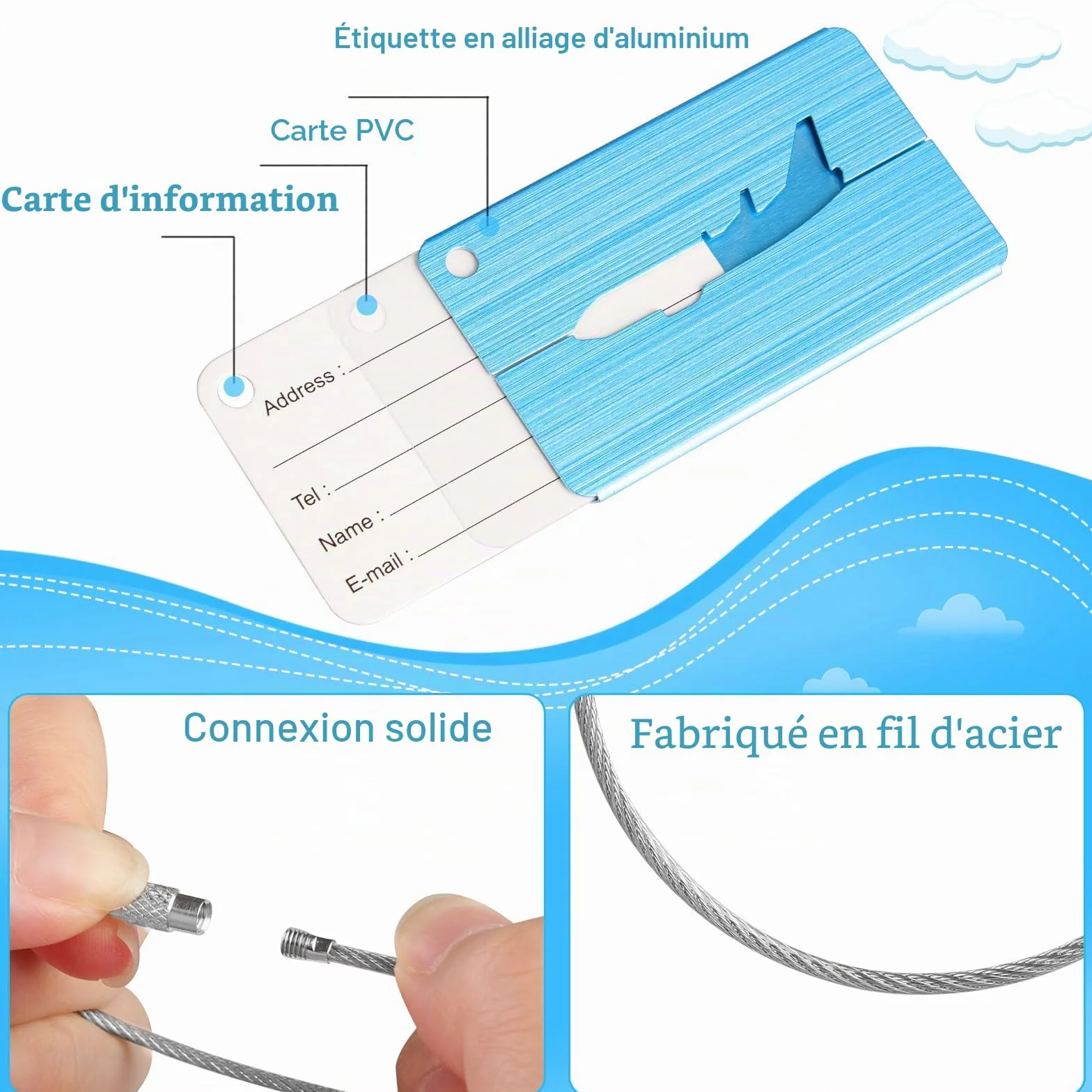 Alyvisun Etiquette Valise Métal 5 Pièces avec Carte Informations 7,5x4,5 cm