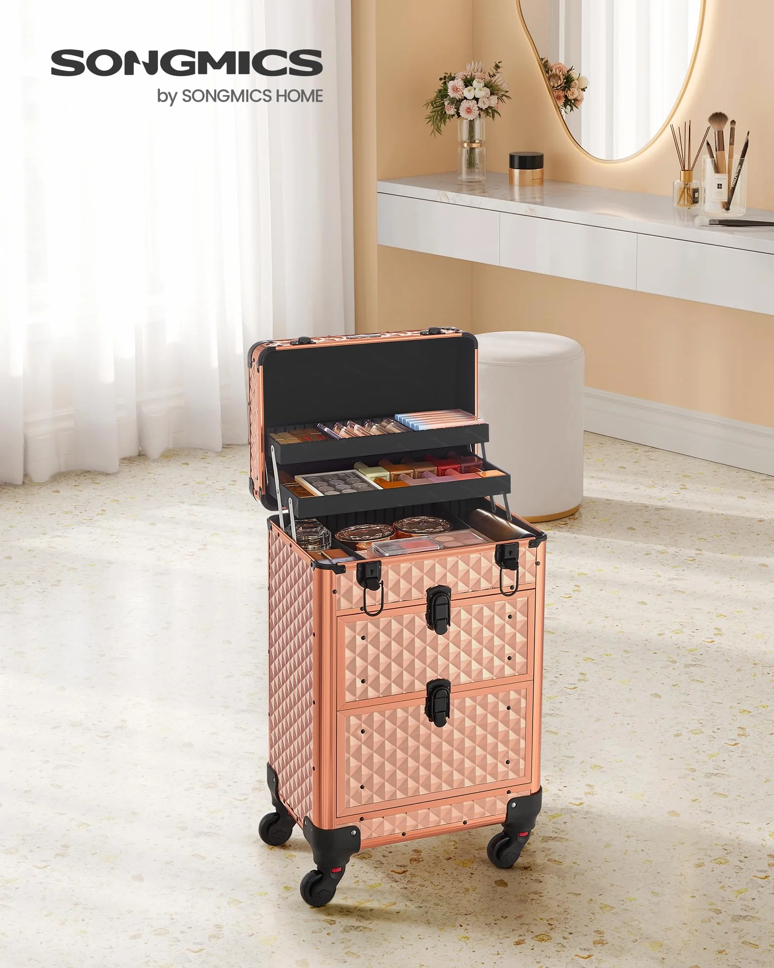 SONGMICS Valise de Maquillage Professionnel, 2 Tiroirs, 34 x 24 x 56 cm, Roulette 360°, Doré Champagne