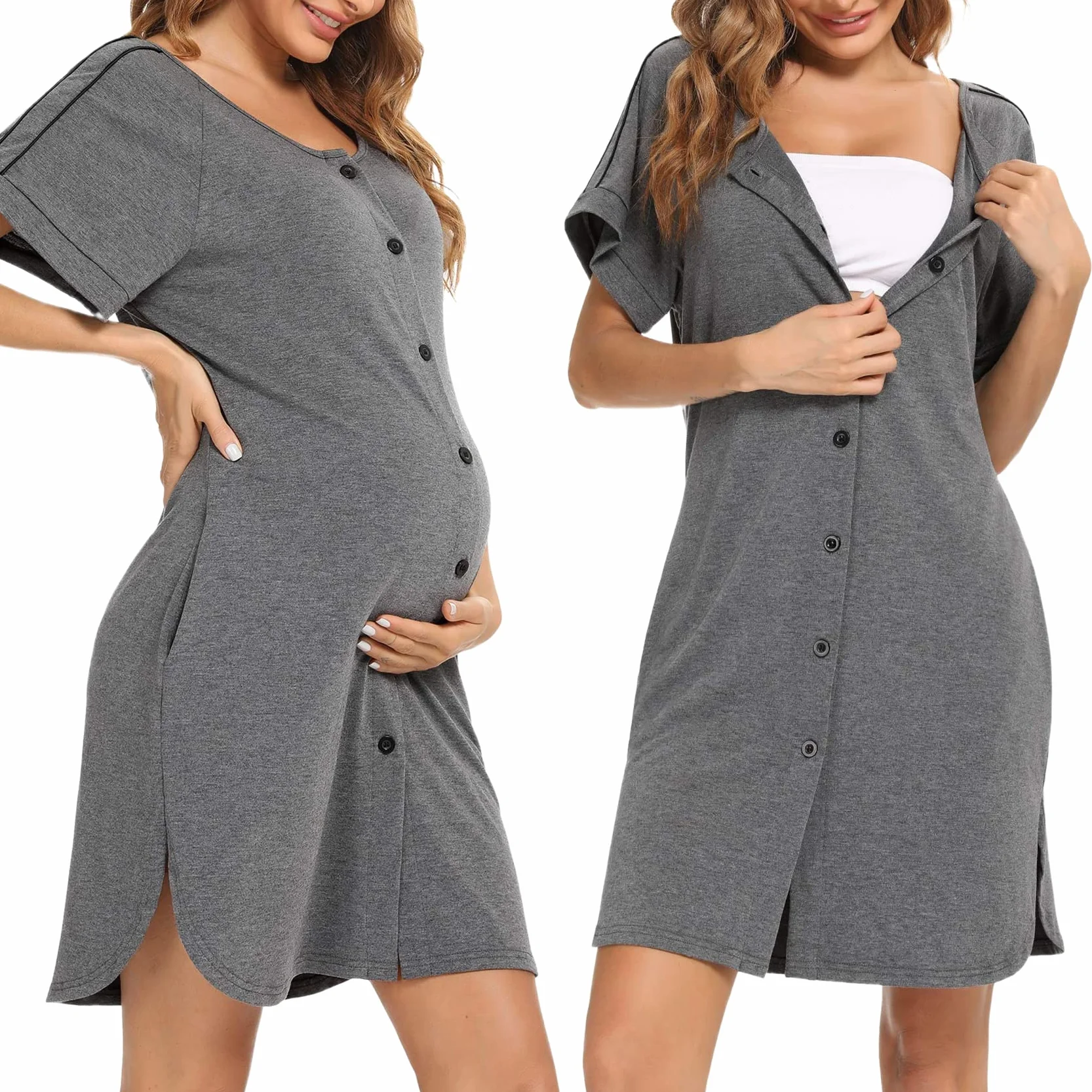 iClosam Chemise de Nuit Maternité Femme Coton Robe Allaitement Con Bouton Pyjama Manche Courte Nuisette Enceinte Devant Ouvert S-XXL