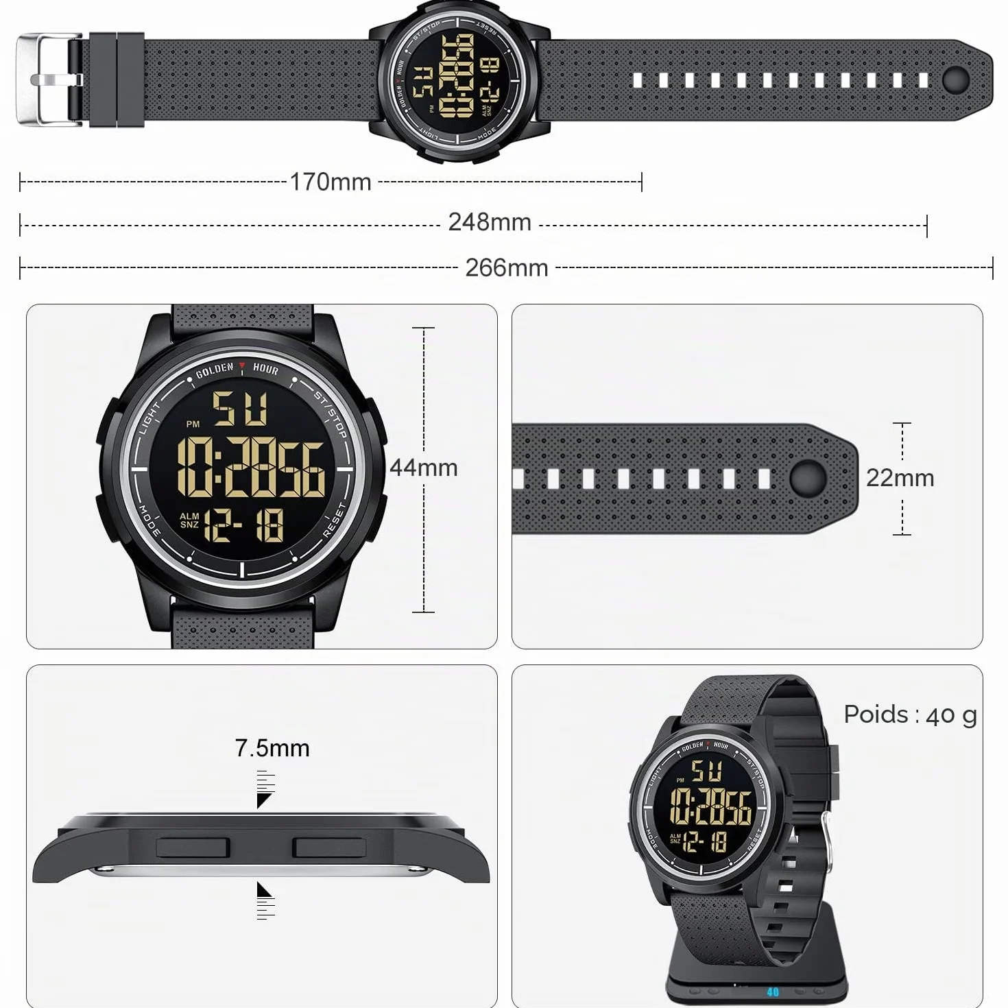 GOLDEN HOUR Montre Digitale étanche Ultra-Mince pour Hommes avec Affichage Grand Angle Bracelet en Caoutchouc