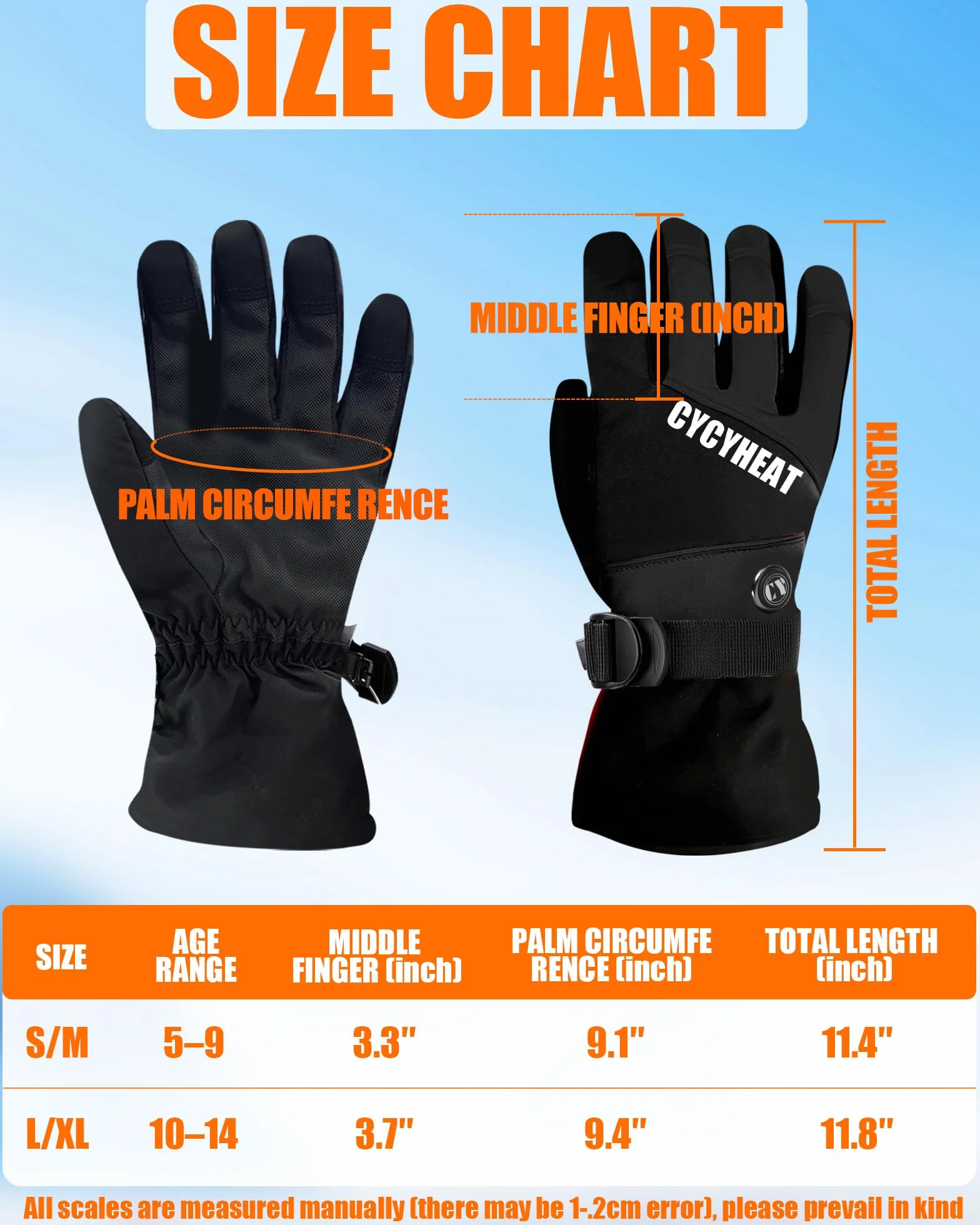 Gants chauffants pour enfants imperméables avec batteries 2700 mAh 3 niveaux chauffage Noir S-M