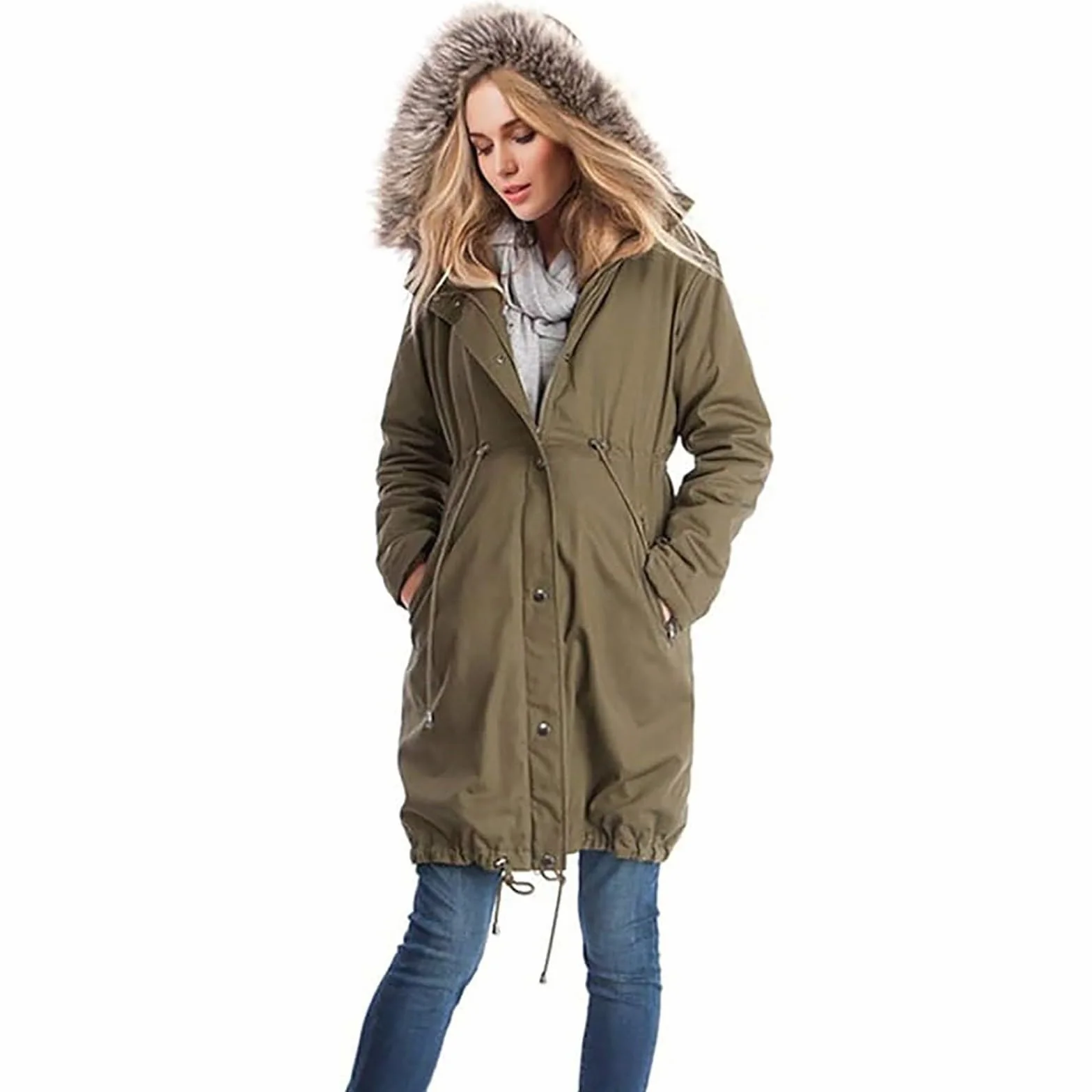 Manteau de portage hiver parka 3 en 1 chaude longueur genou col fourrure capuche coupe-vent pour maman et bébé L